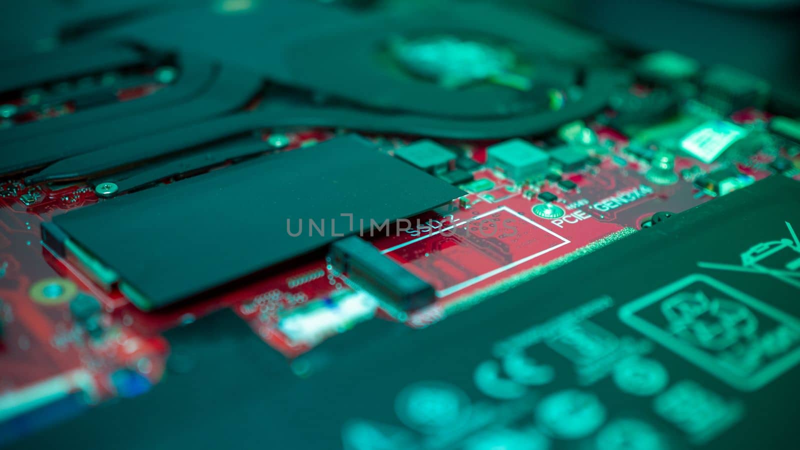 Circuit board with resistors microchips and electronic components. Computer hardware technology. Integrated communication processor. Information engineering. PCB.