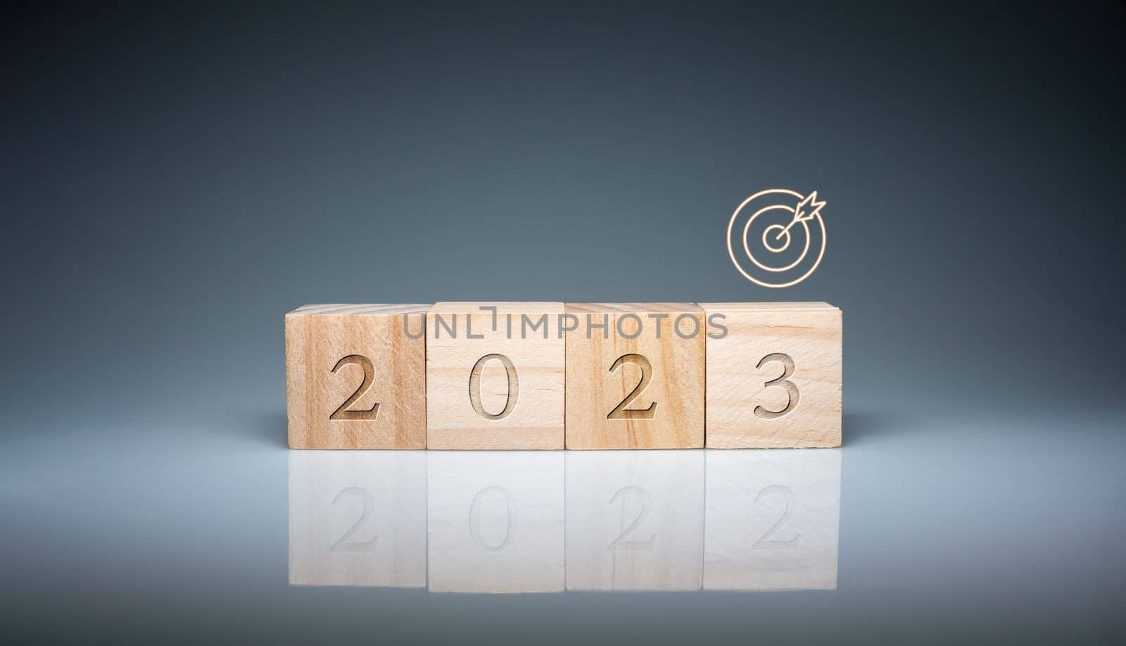 Wooden blocks lined up with the letters 2023. Represents the goal setting for 2023, the concept of a start. financial planning development strategy business goal setting
