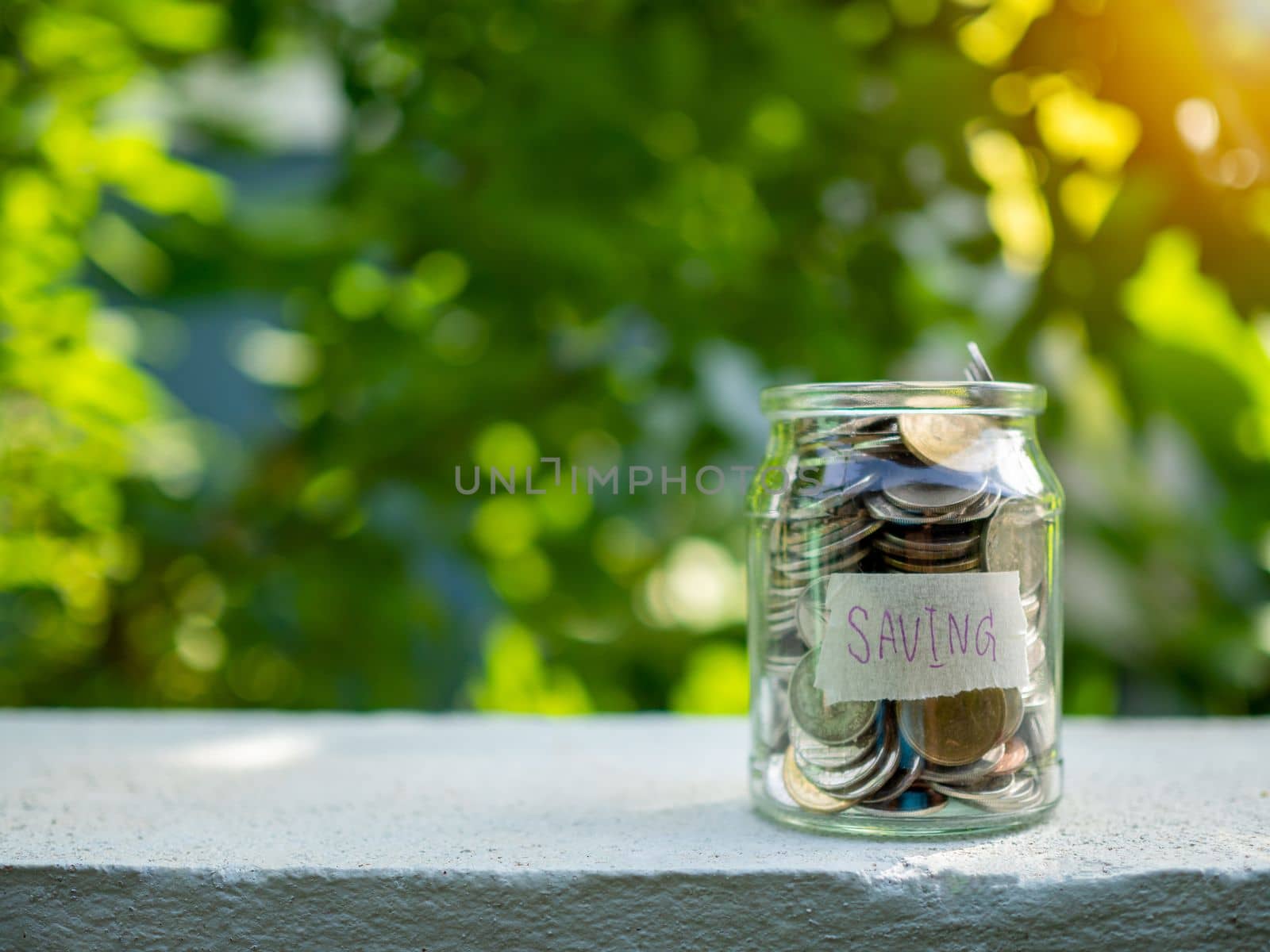 Coins in glass bottles on nature background. The concept of savings and investment.