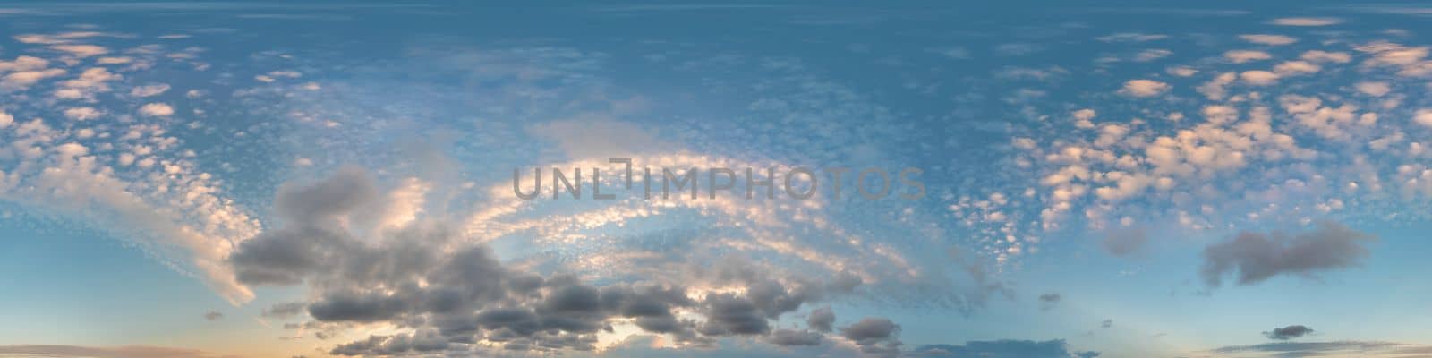 Sky panorama with Cirrus clouds in Seamless spherical equirectangular format. Full zenith for use in 3D graphics, game and editing aerial drone 360 degree panoramas for sky replacement