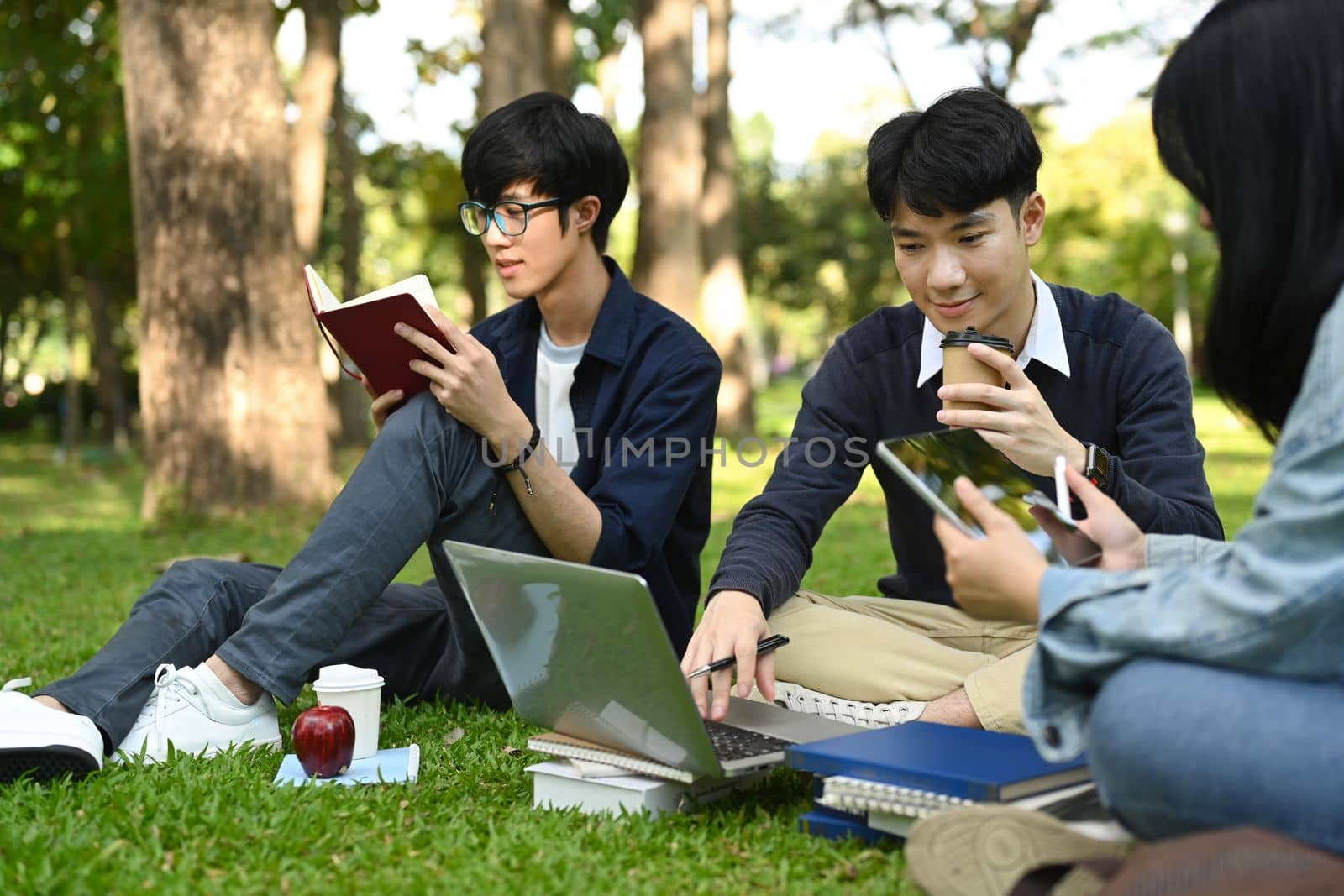 Happy young diverse friends sitting together on green lawn and preparing for lessons. Youth lifestyle and education concept.