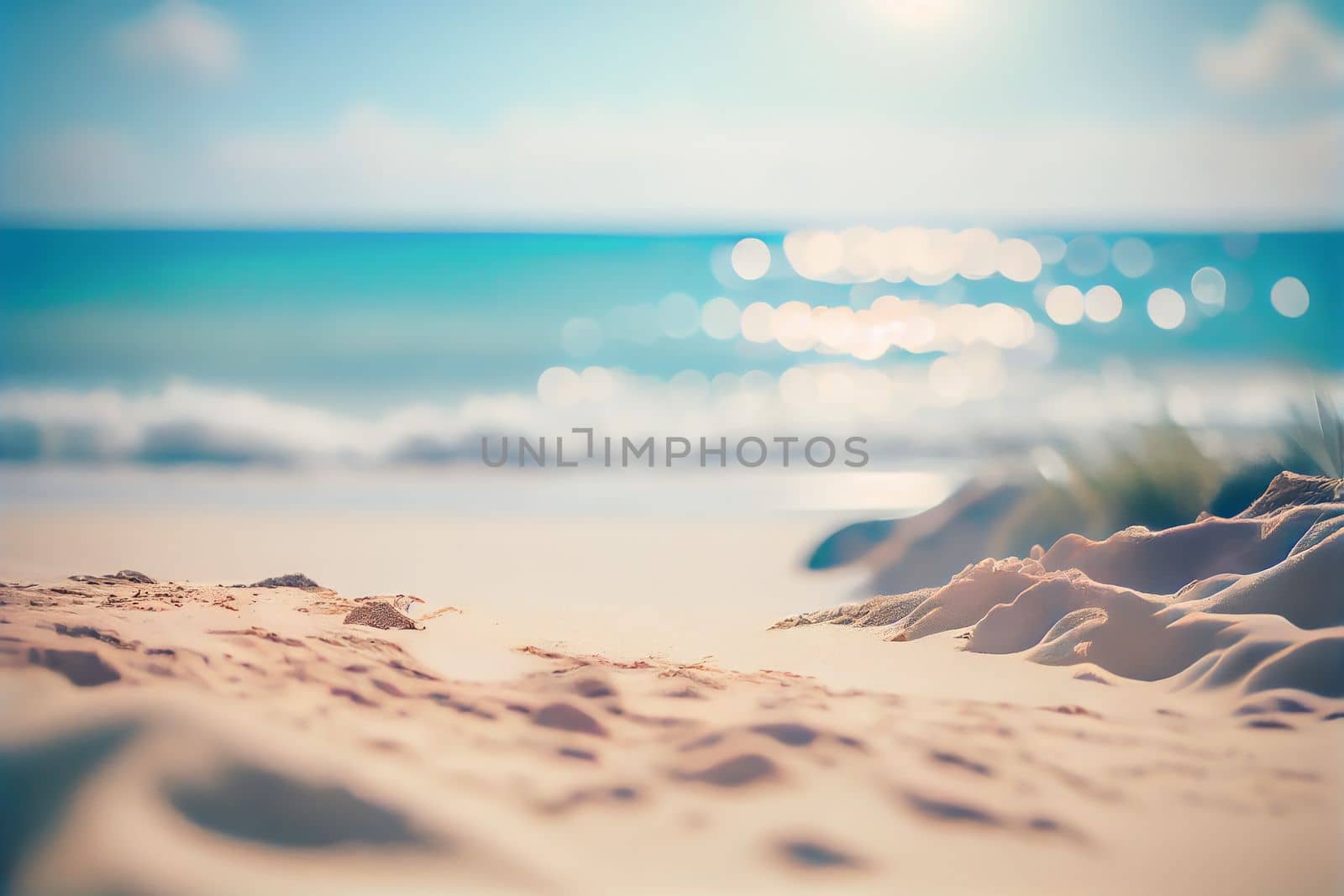 Seascape abstract beach background image. blur bokeh light of calm sea and sky. Focus on sand foreground