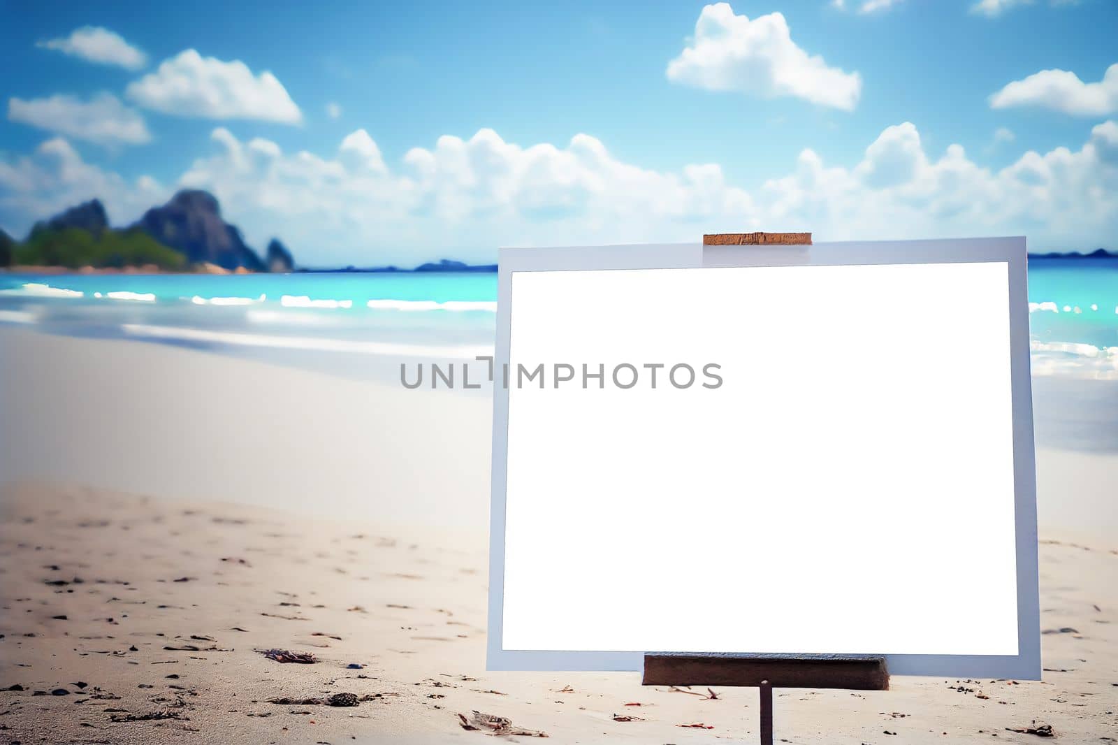 Seascape abstract beach background image. blur bokeh light of calm sea and sky. Focus on sand foreground