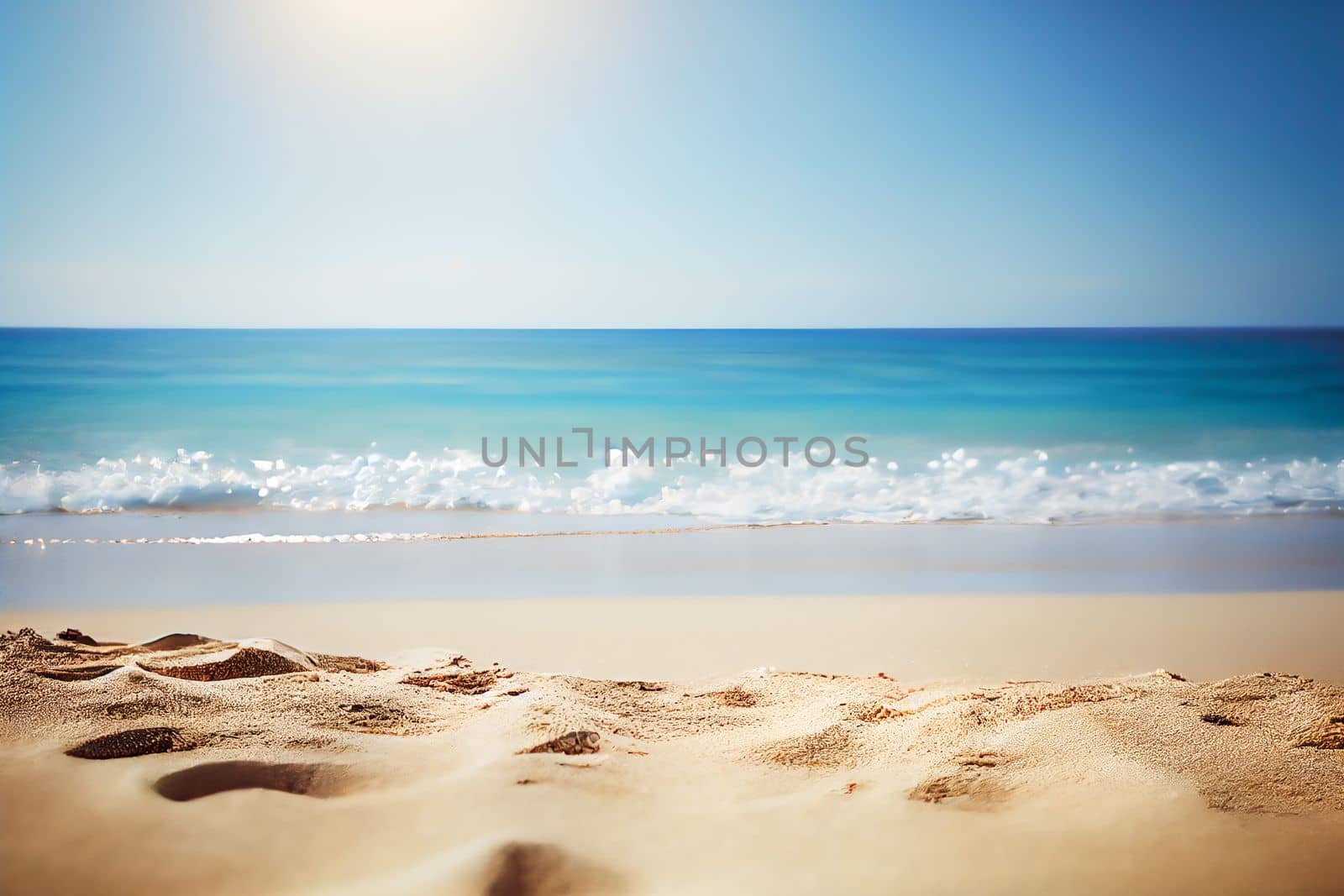 Seascape abstract beach background image. blur bokeh light of calm sea and sky. Focus on sand foreground