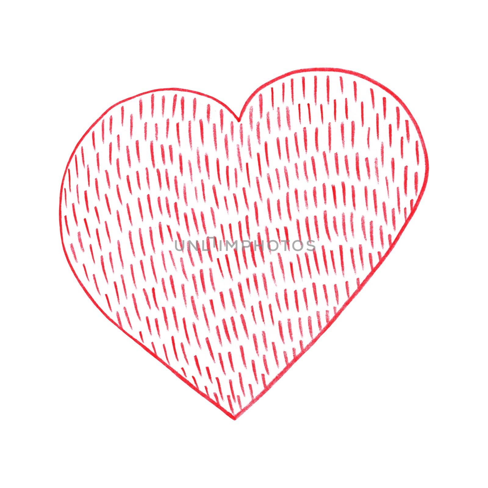 Red Heart Drawn by Colored Pencil. The Sign of World Heart Day. Symbol of Valentines Day. Heart Shape Isolated on White Background.