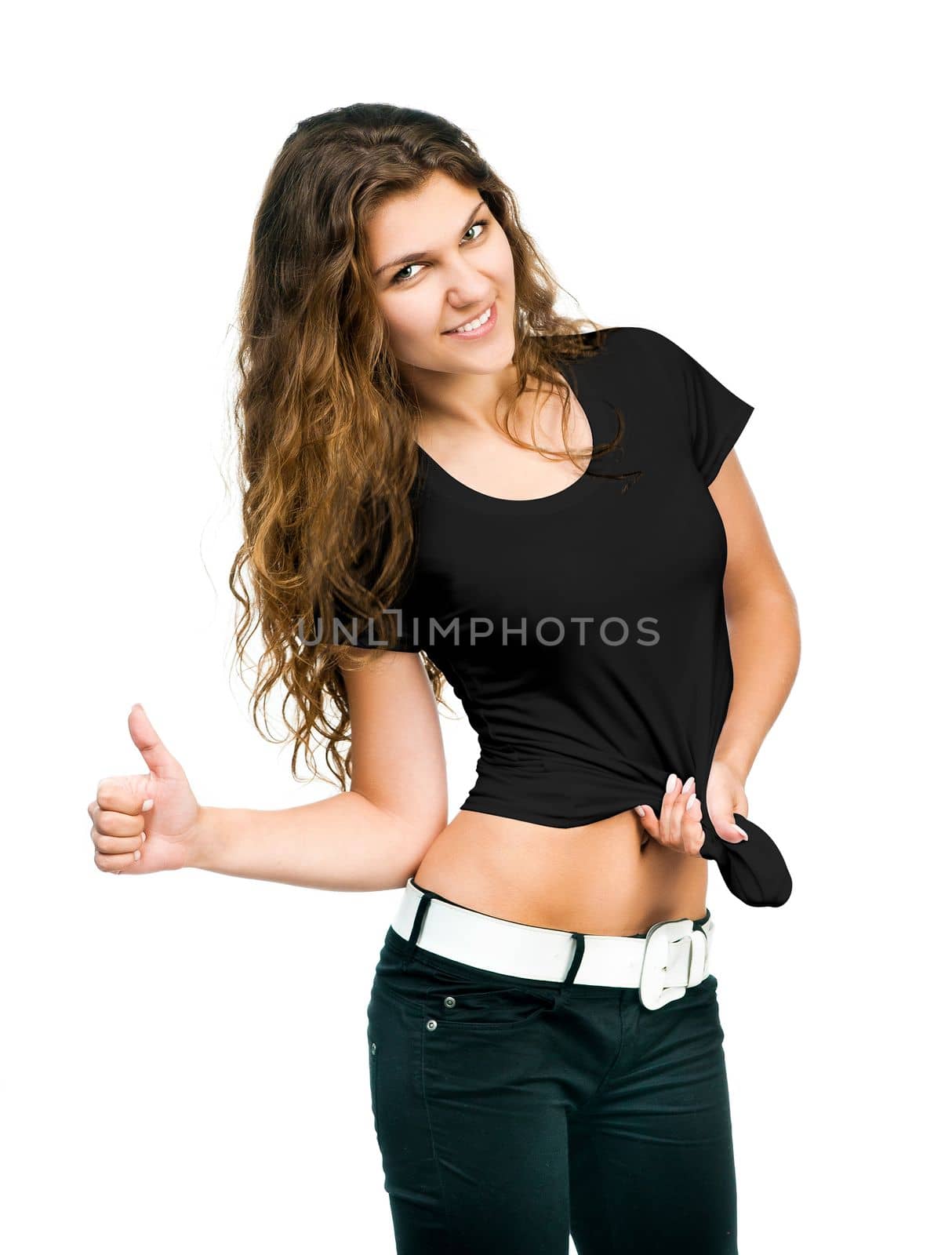 Smiling beautiful women posing with blank black shirts