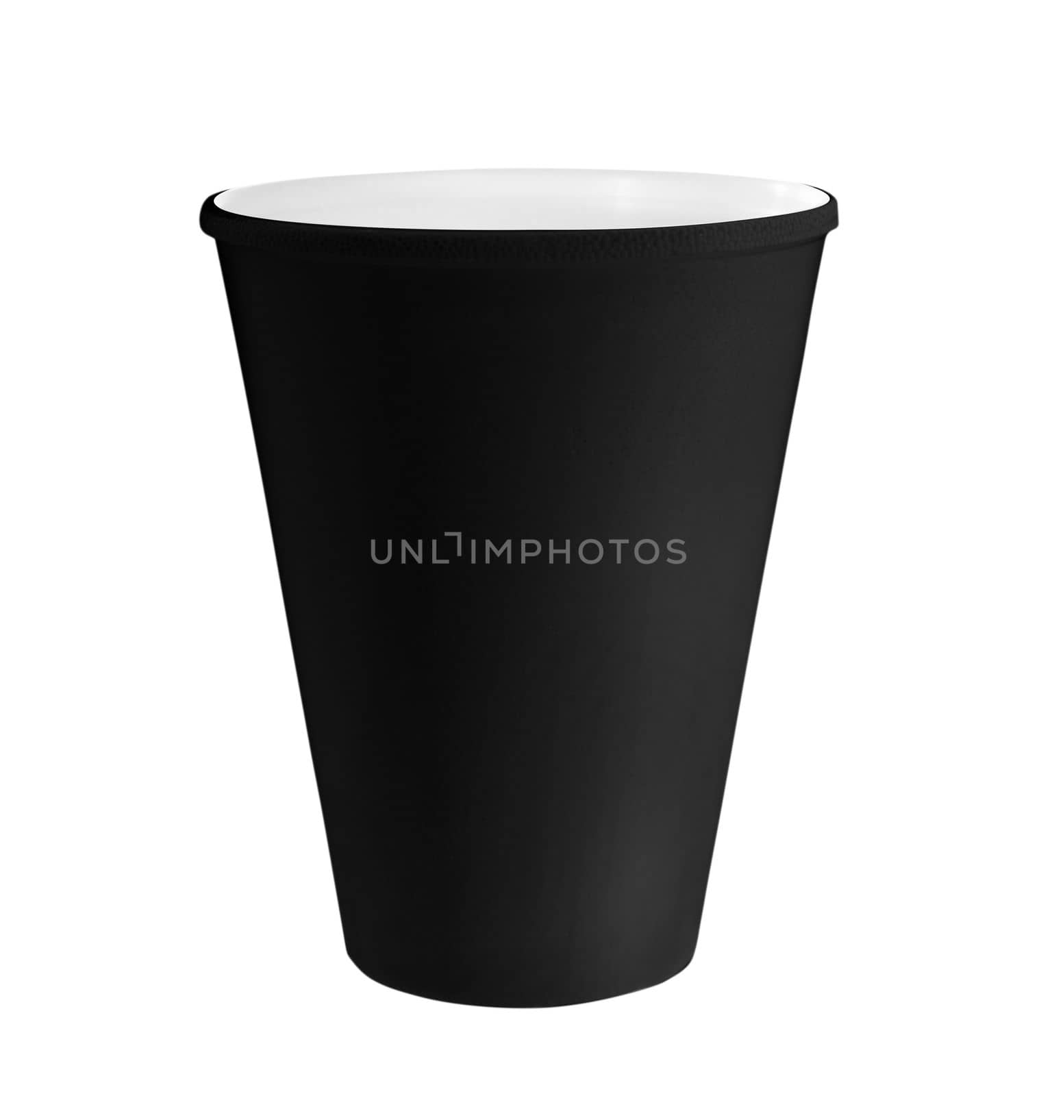 Black plastic paper take away coffee cup mockup. Isolated on the white background. Front view and space for your design