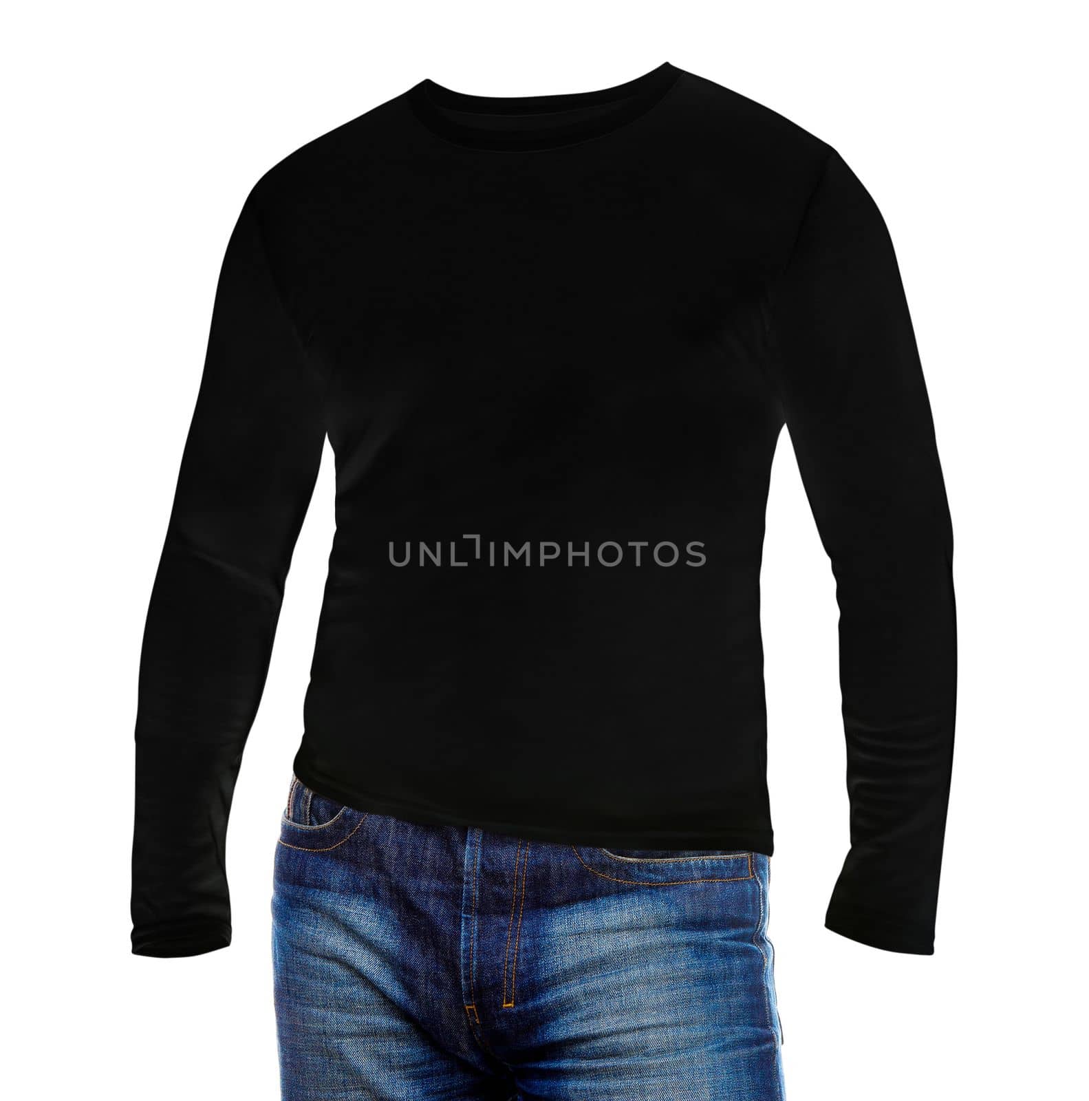 Blank man black long sleeves shirt with blue jeans on white background mockup template. Sweater sweatshirt design for print.