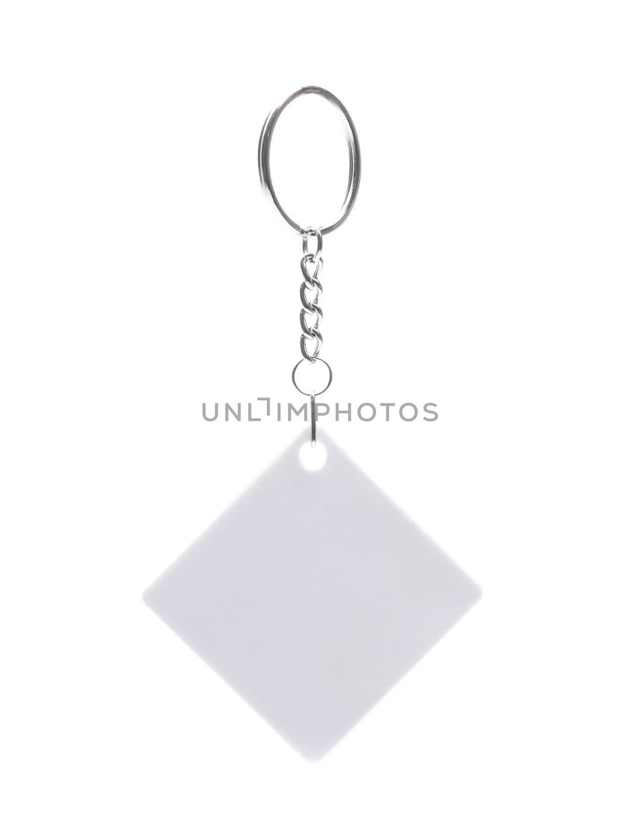 White empty square key holder with metal ring isolated on white background
