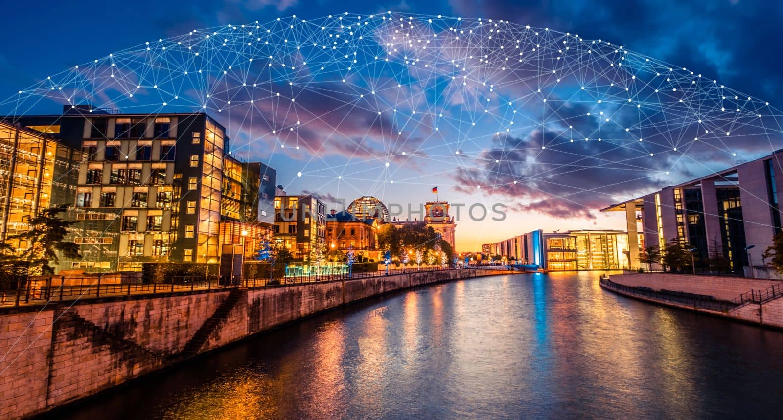 Global network 5G connection concept over panorama city view of Berlin, Germany. Networking and connection with smart digital city background.