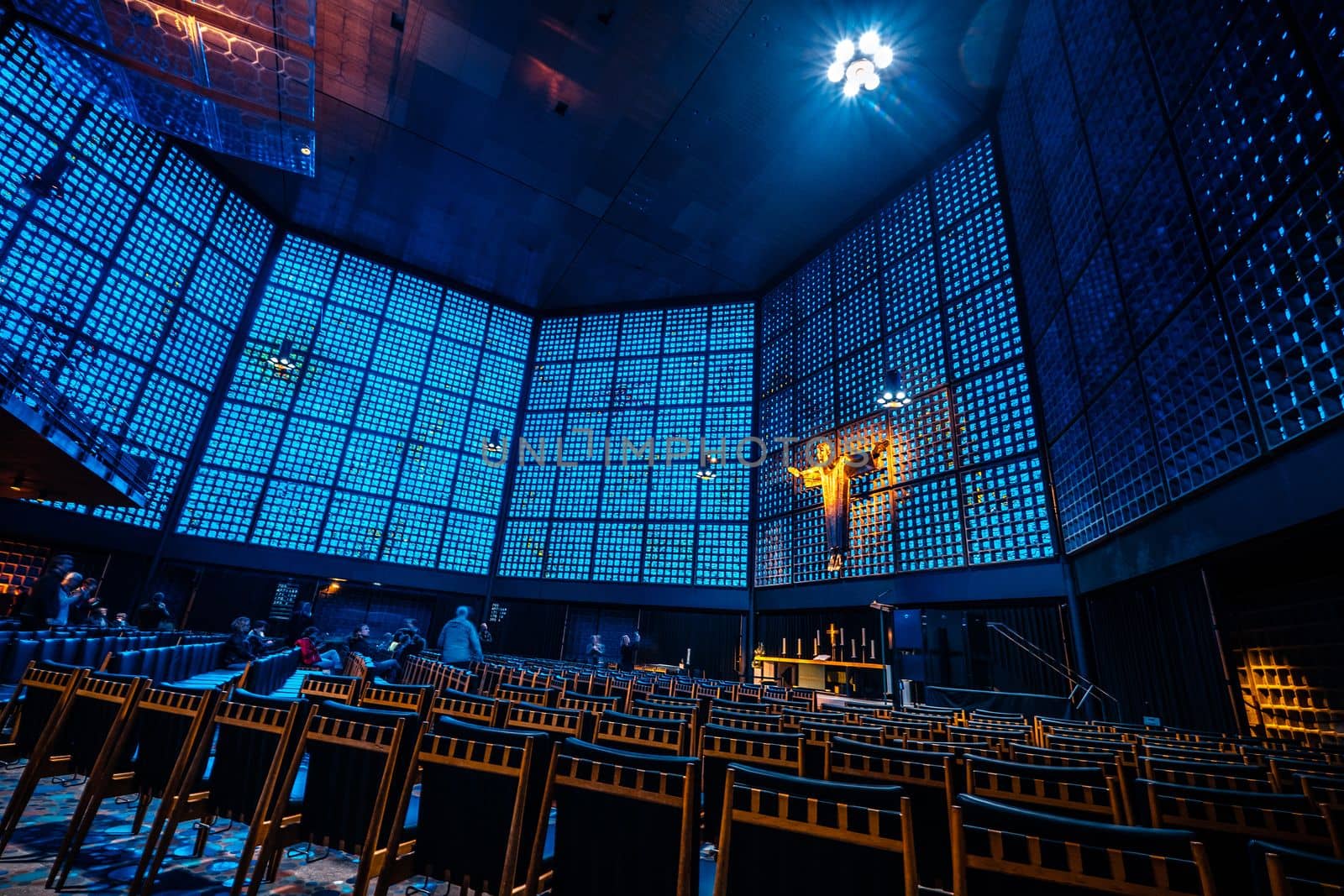 Berlin, Germany - 20 September 2019: Modern interior of Berlin Gedachtniskirche with visitors