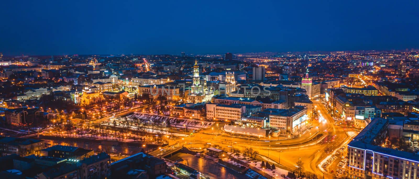 Panoramic view of lighted Kharkiv with Assumption Cathedral