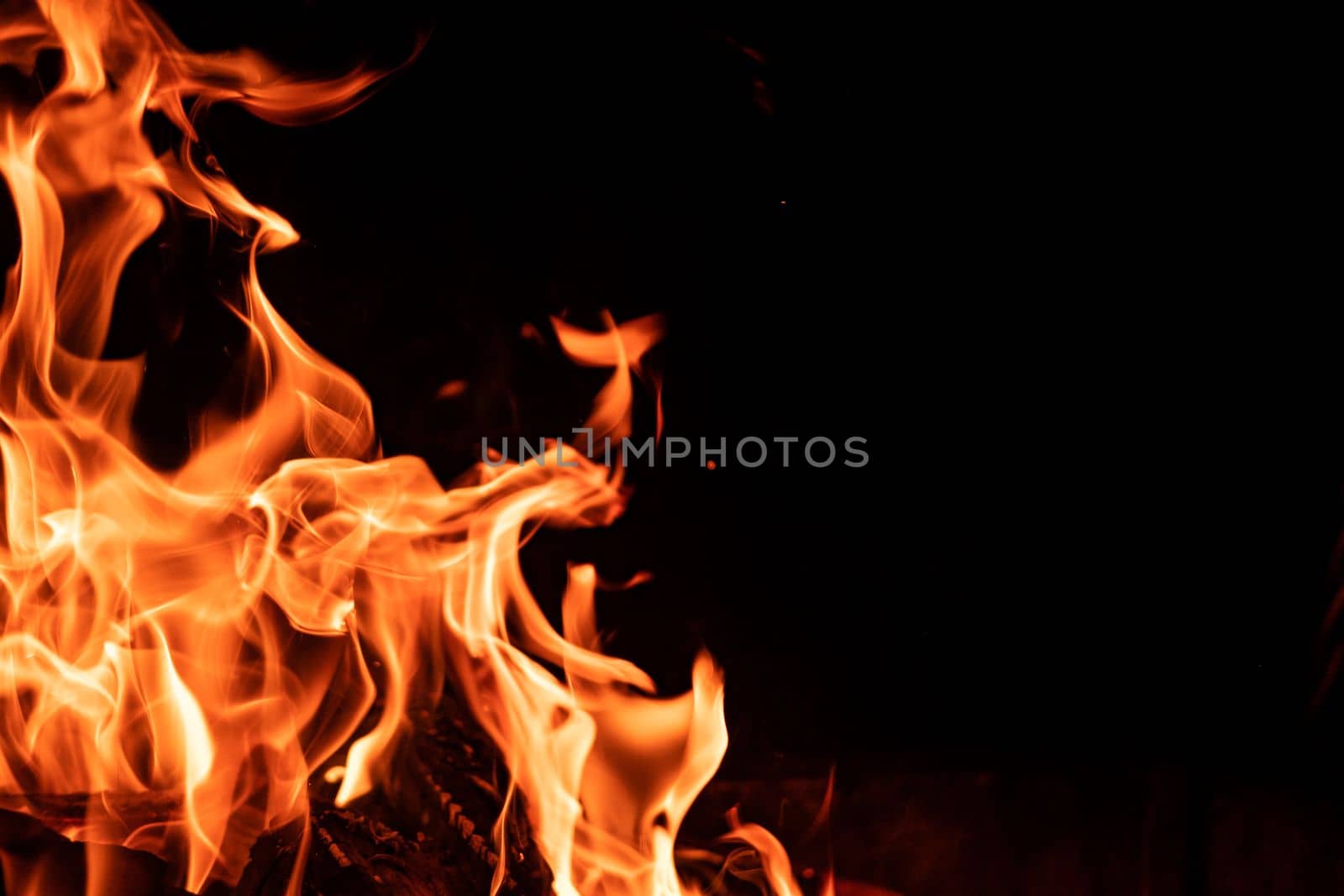 Beautiful orange red fire flame isolated on black background. Fiery tongues of bonfire in the night