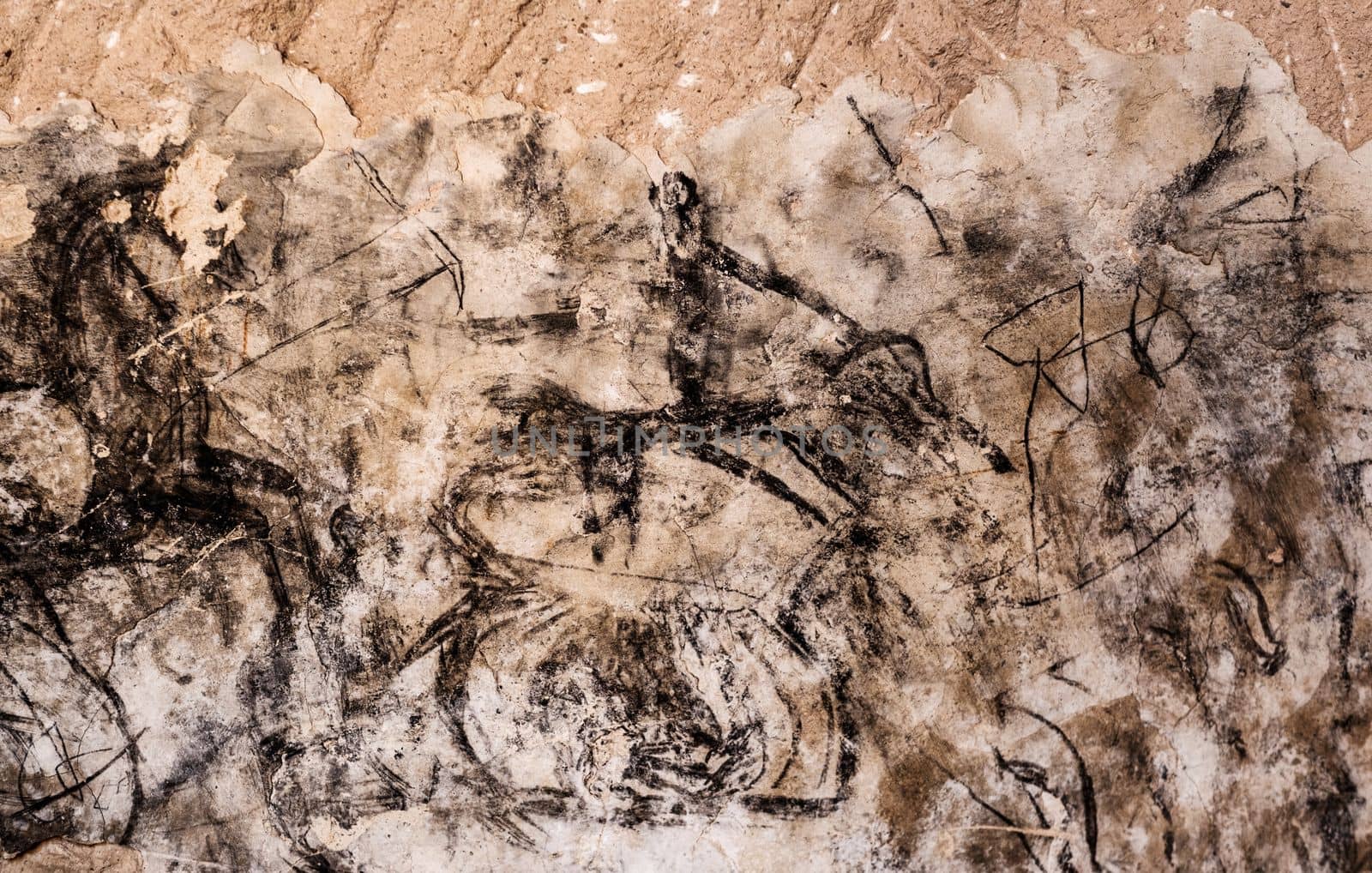 Ancient Charcoal painting on cave wall in Cappadocia, Turkey