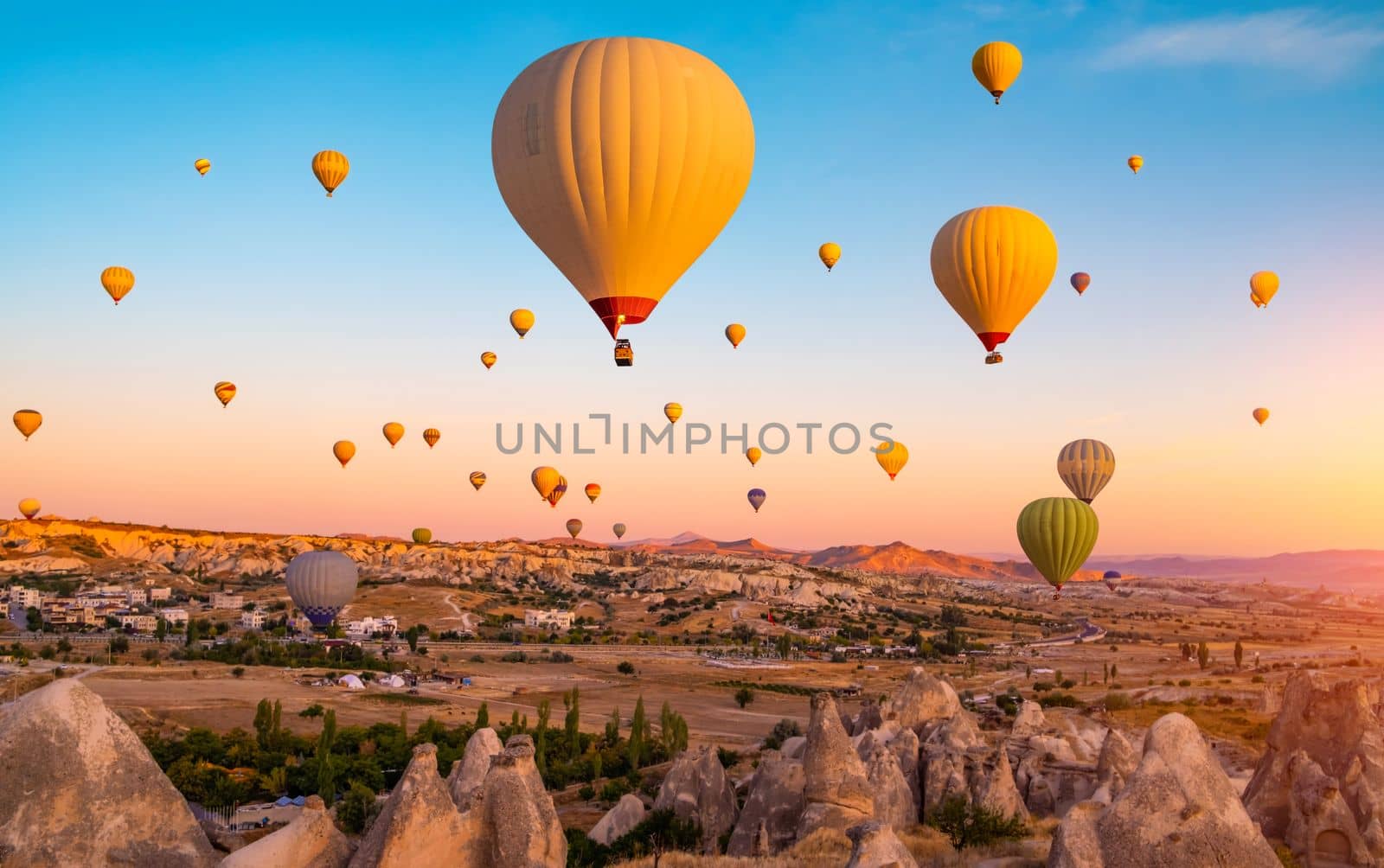 Bright hot air balloons in sky of Cappadocia, Turkey