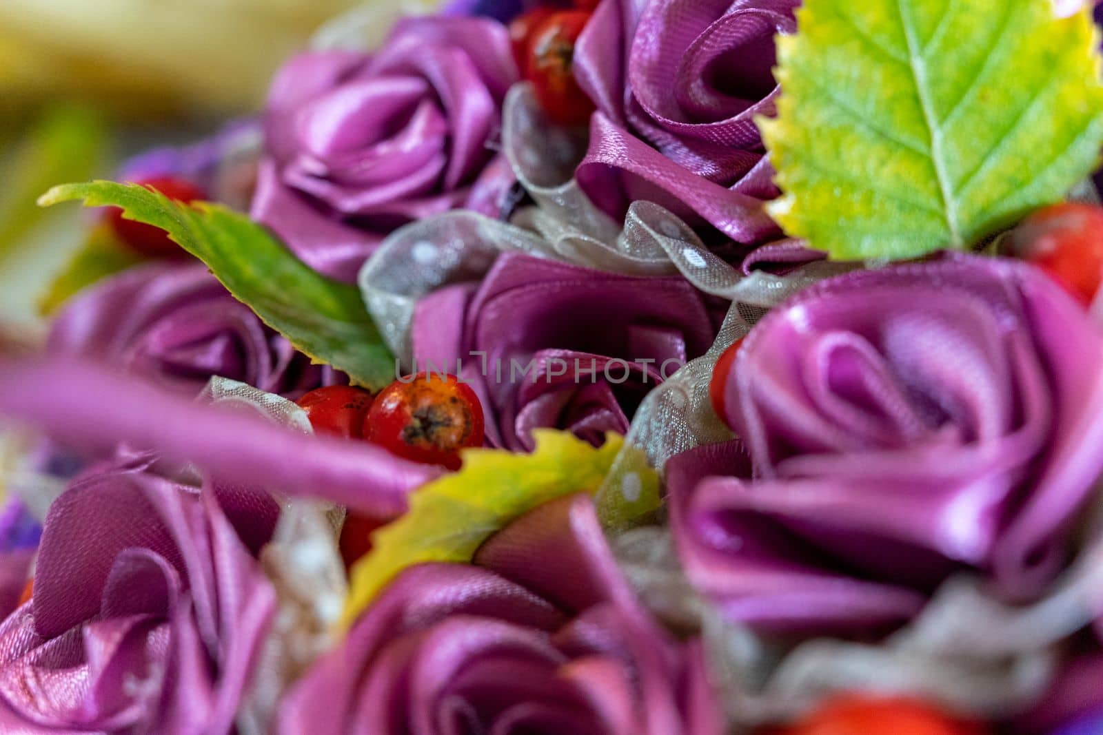 A beautiful bouquet of flowers made of purple fabric