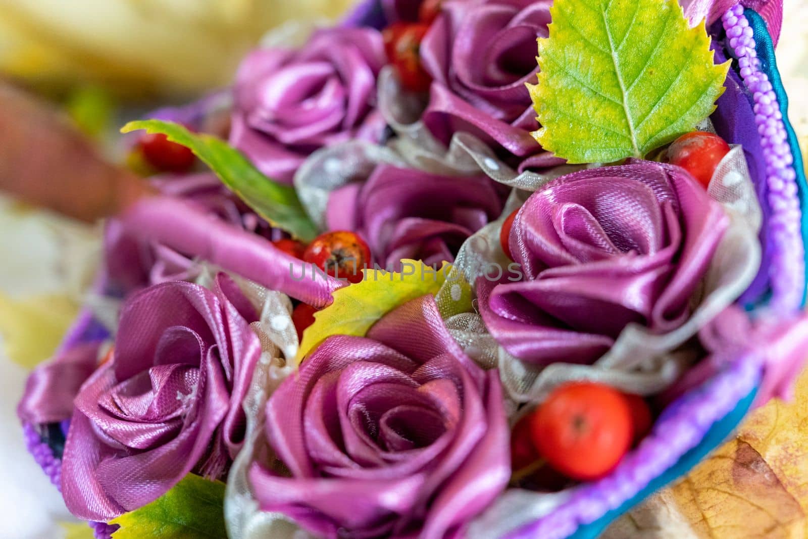 A beautiful bouquet of flowers made of purple fabric
