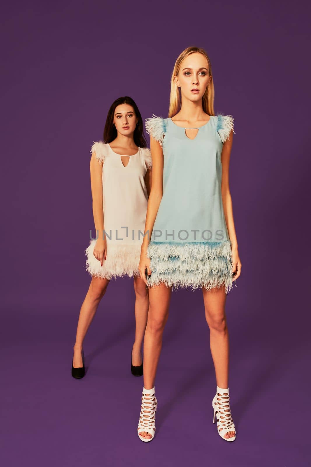 Professional photo of two young women, blonde and brunette, in cocktail dresses posing on purlpe background by nazarovsergey