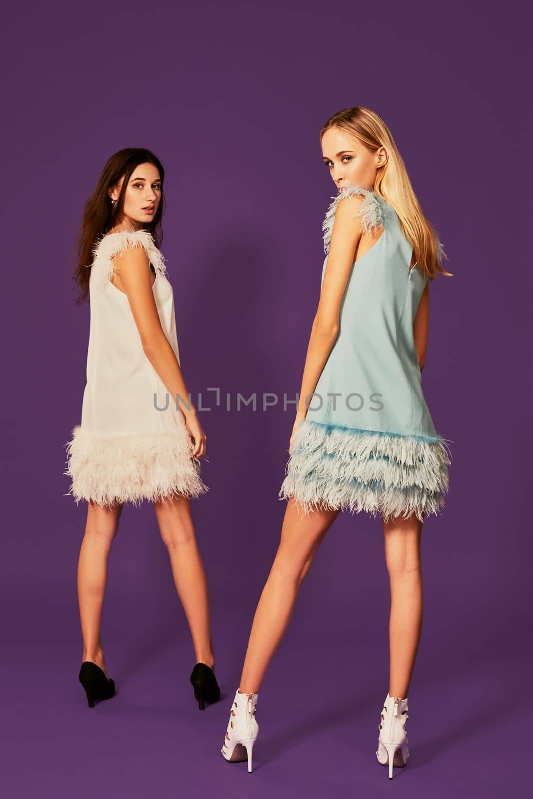 Studio fashion portrait of two elegant young women in cocktail light dresses posing in studio. The blonde in the foreground, the brunette behind her, view from the back