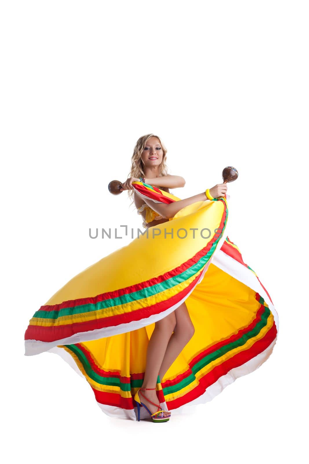 Young woman performing mexican dance. Isolated on white