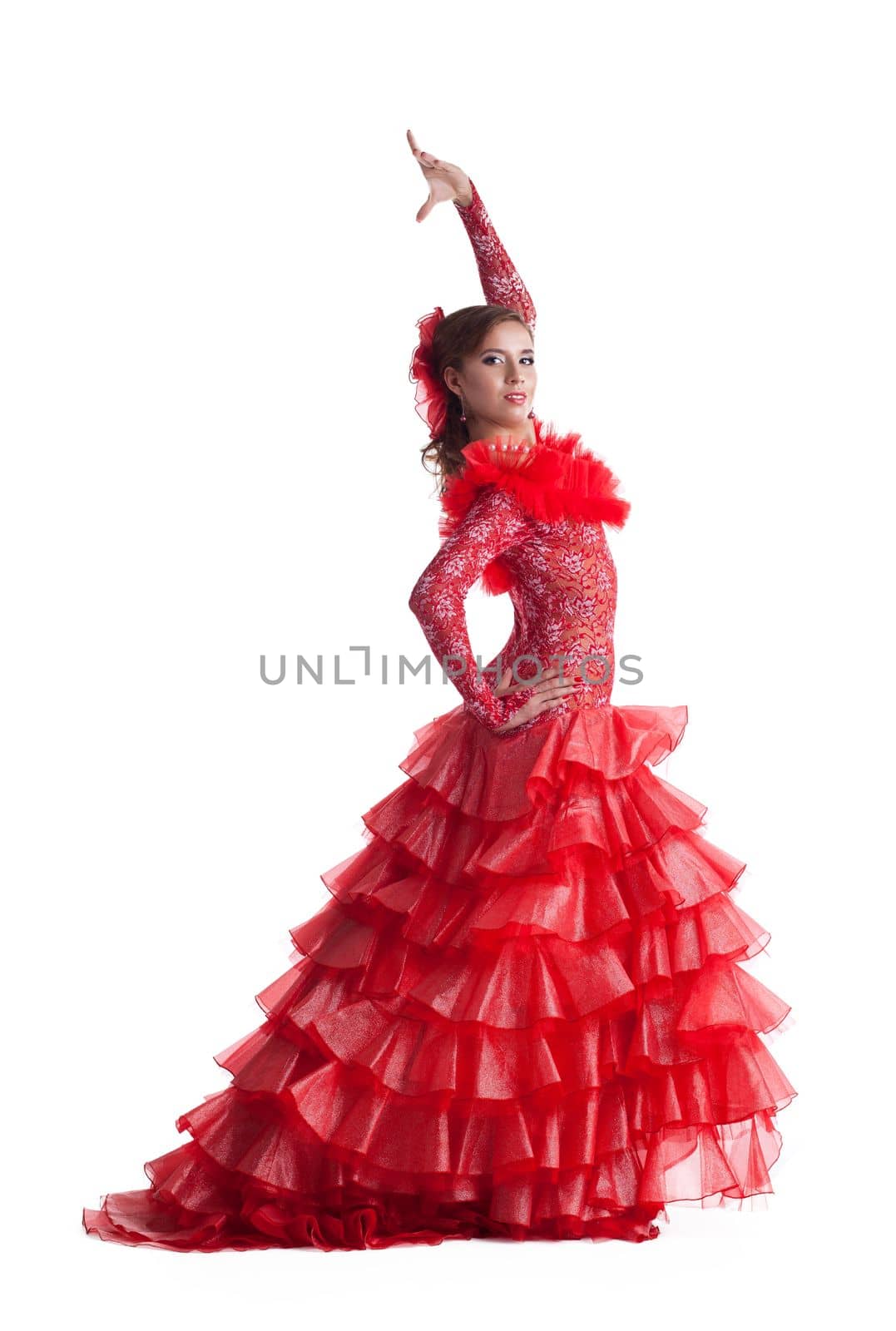 one woman gipsy flamenco dancer on studio isolated