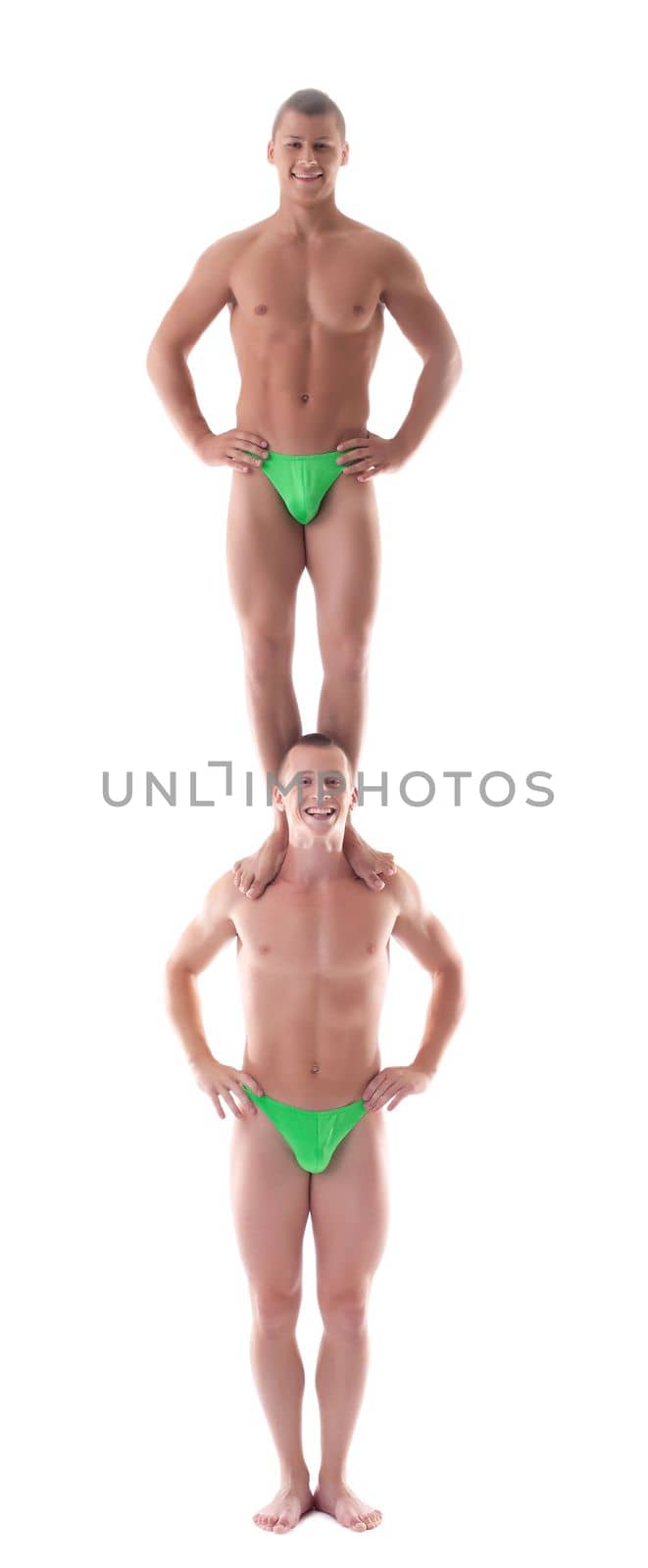 two men as gymnast stand one by one isolated