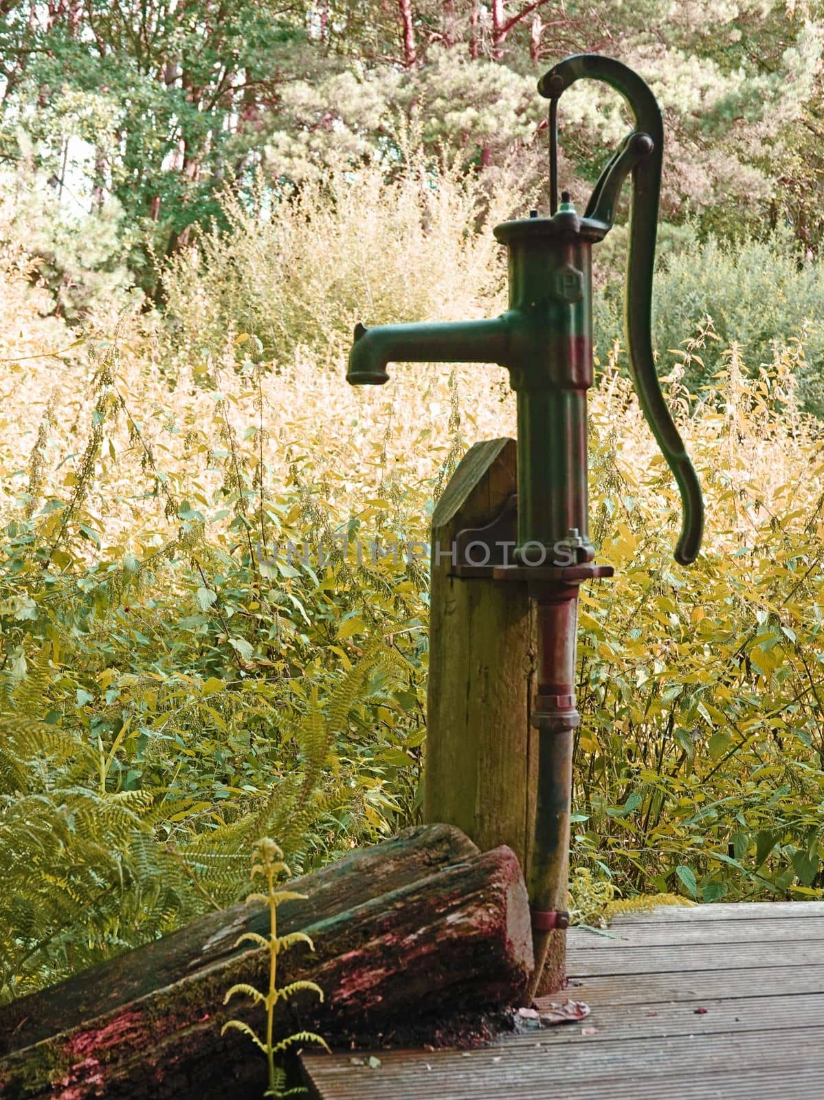 An old-fashioned water pump at a clear stream called Itter in Germany