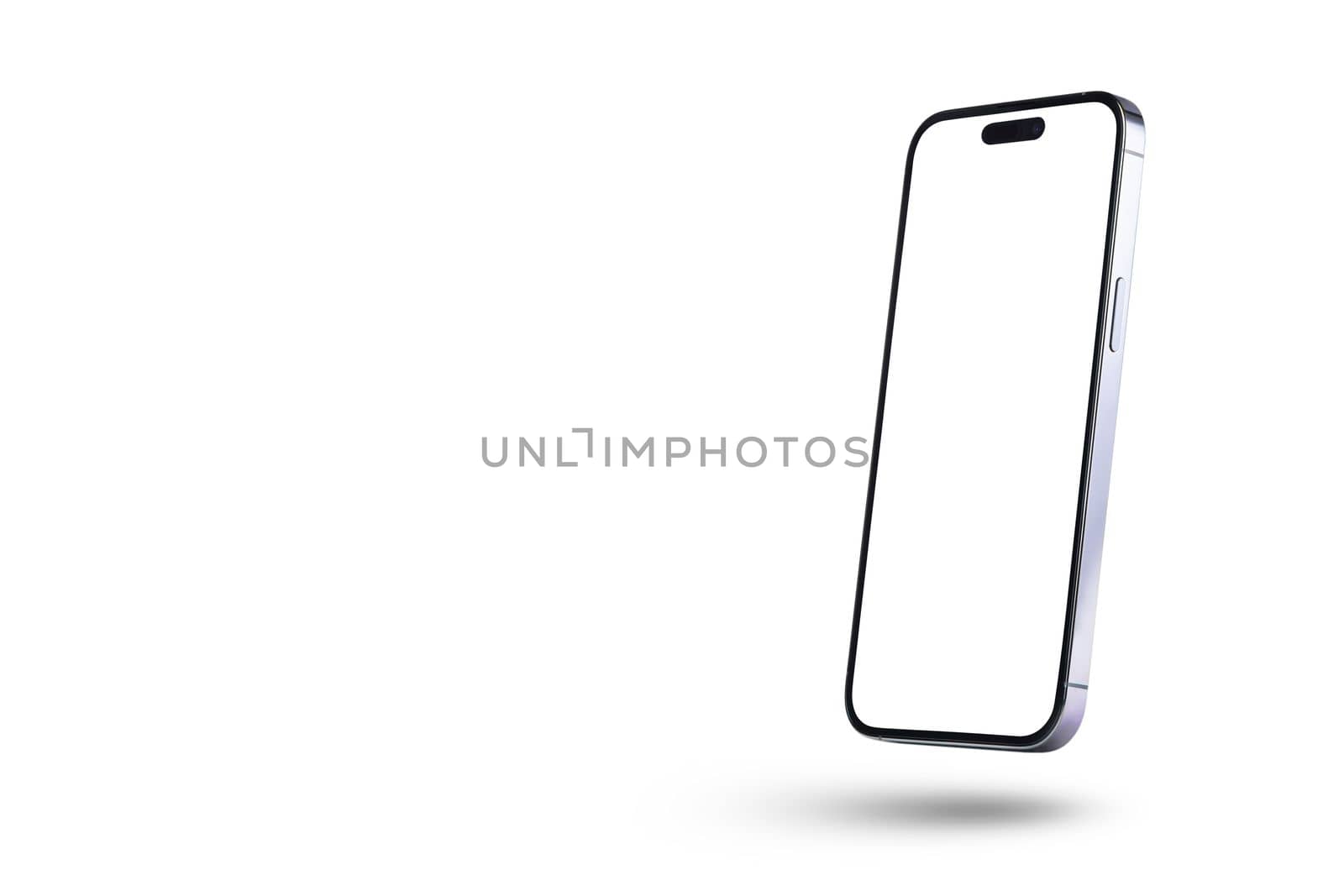 Isolate the phone with a white screen to insert into the project. The new mobile phone is isolated on a white background drops, casting a shadow