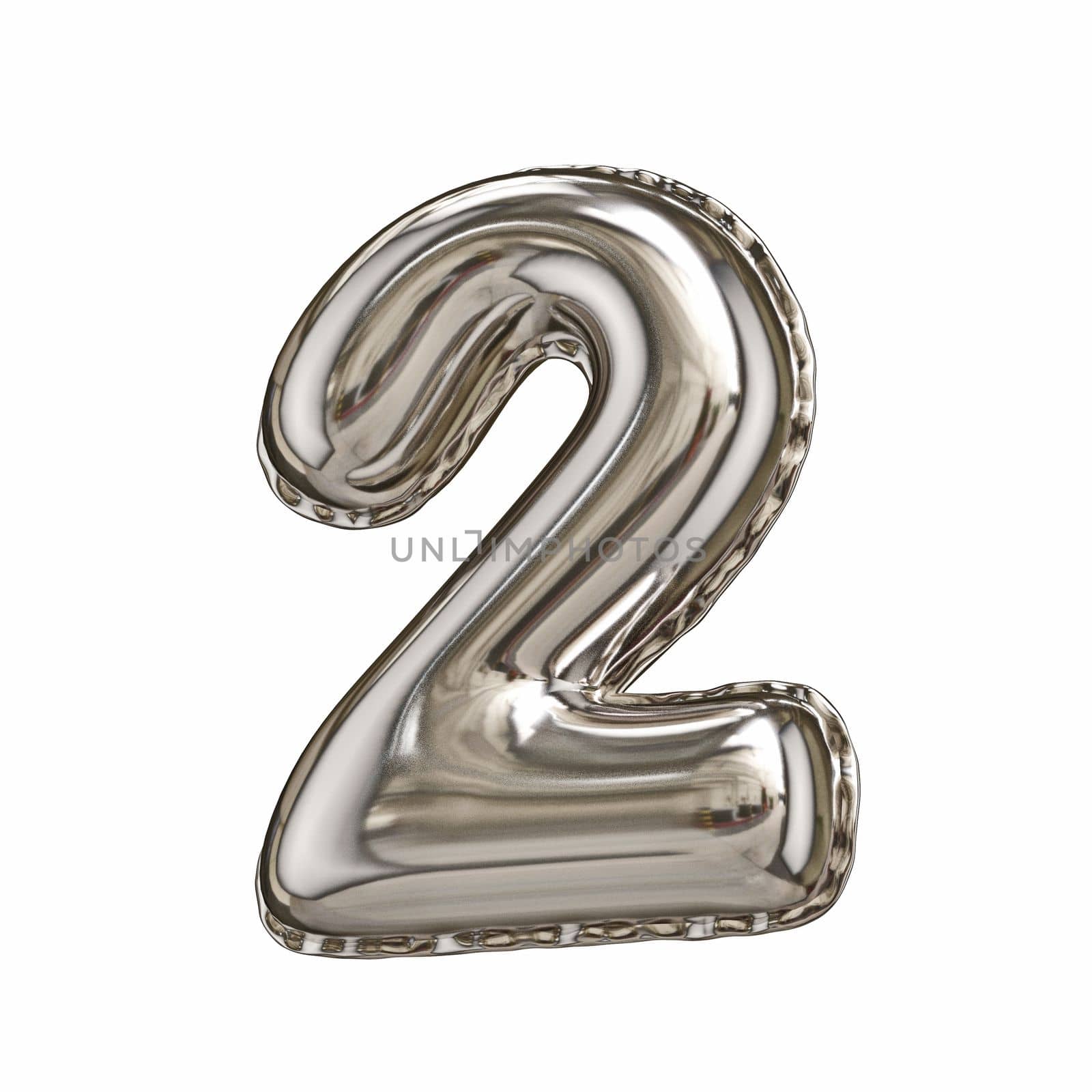 Silver foil balloon font number 2 TWO 3D rendering illustration isolated on white background