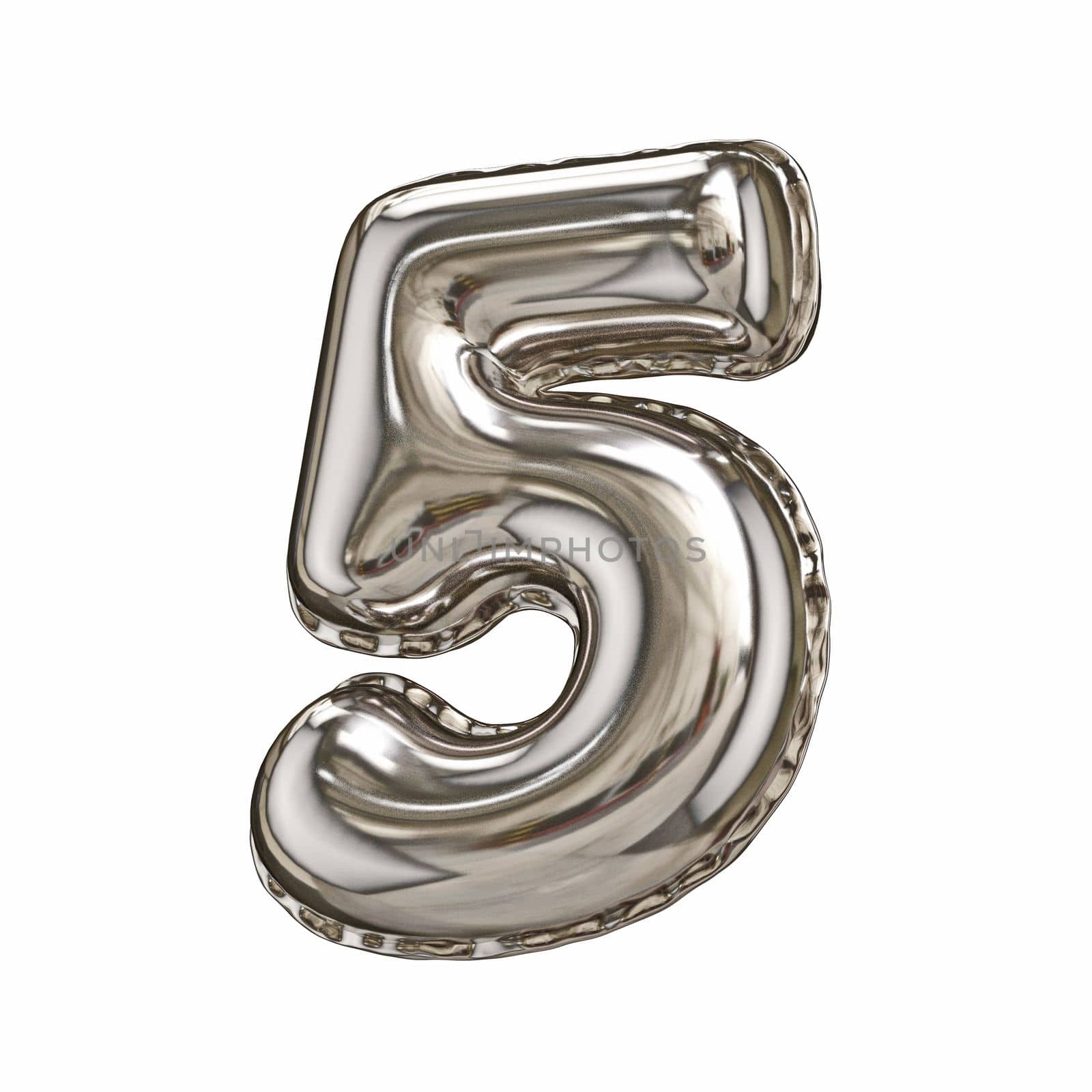 Silver foil balloon font number 5 FIVE 3D rendering illustration isolated on white background
