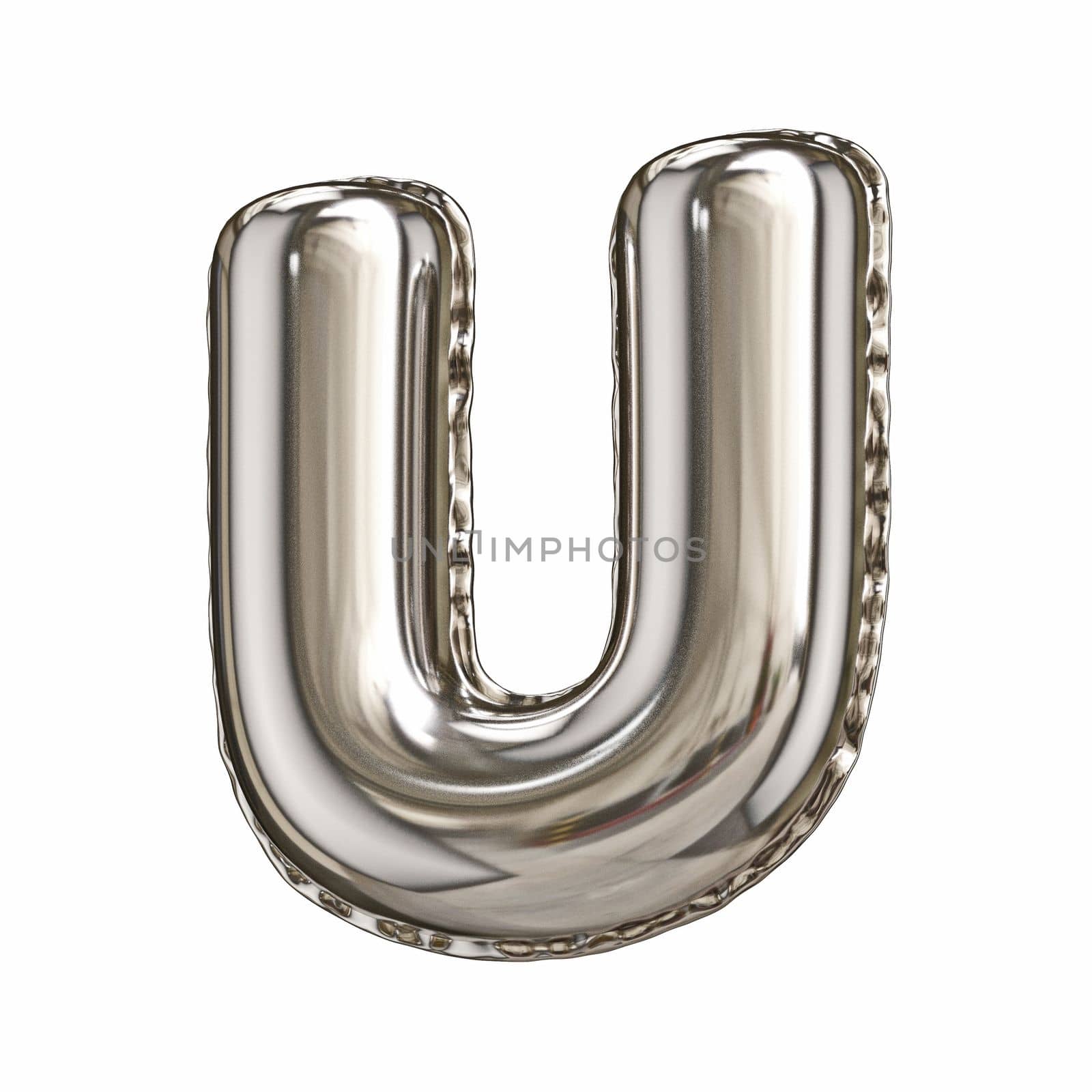 Silver foil balloon font letter U 3D rendering illustration isolated on white background
