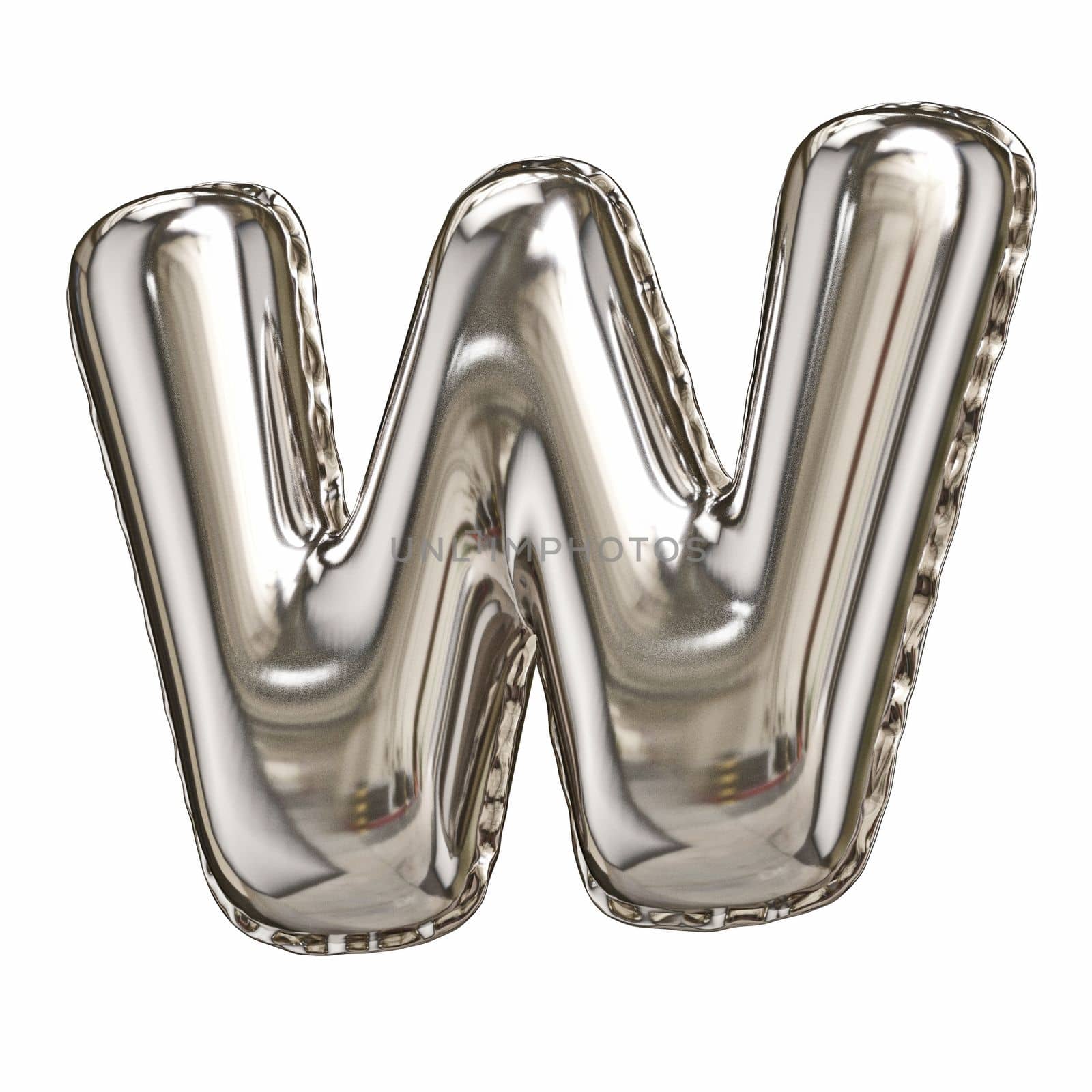 Silver foil balloon font letter W 3D rendering illustration isolated on white background