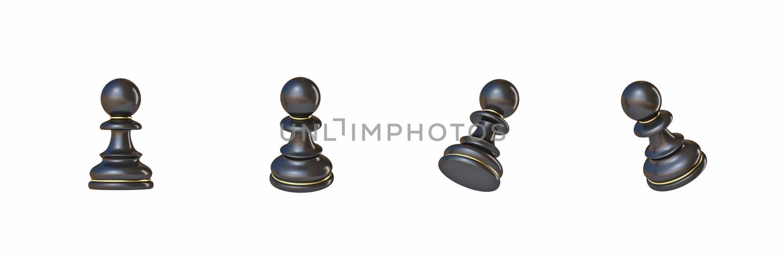 Black chess Pawn in four different angled views 3D rendering illustration isolated on white background