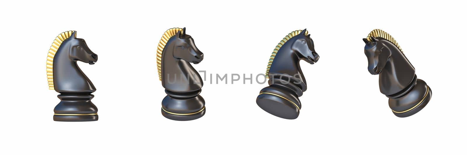 Black chess Knight in four different angled views 3D rendering illustration isolated on white background