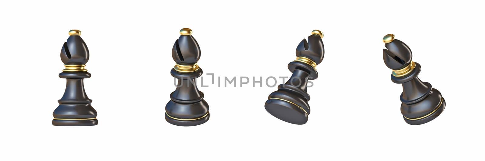 Black chess Bishop in four different angled views 3D rendering illustration isolated on white background
