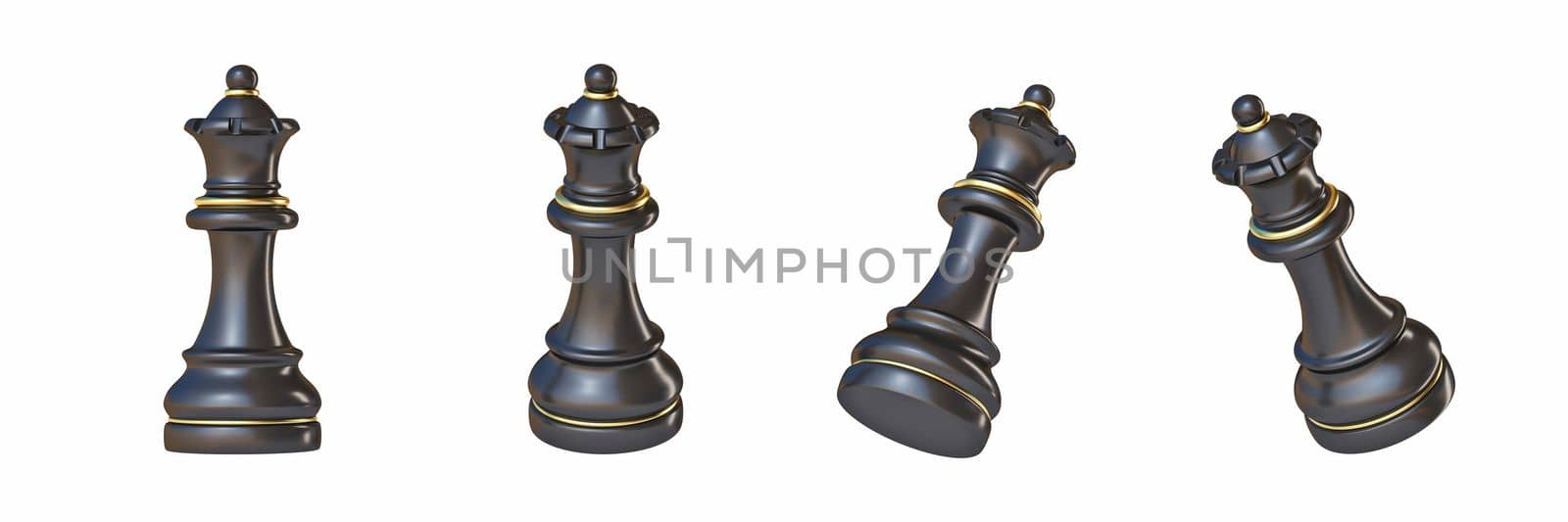Black chess Queen in four different angled views 3D rendering illustration isolated on white background