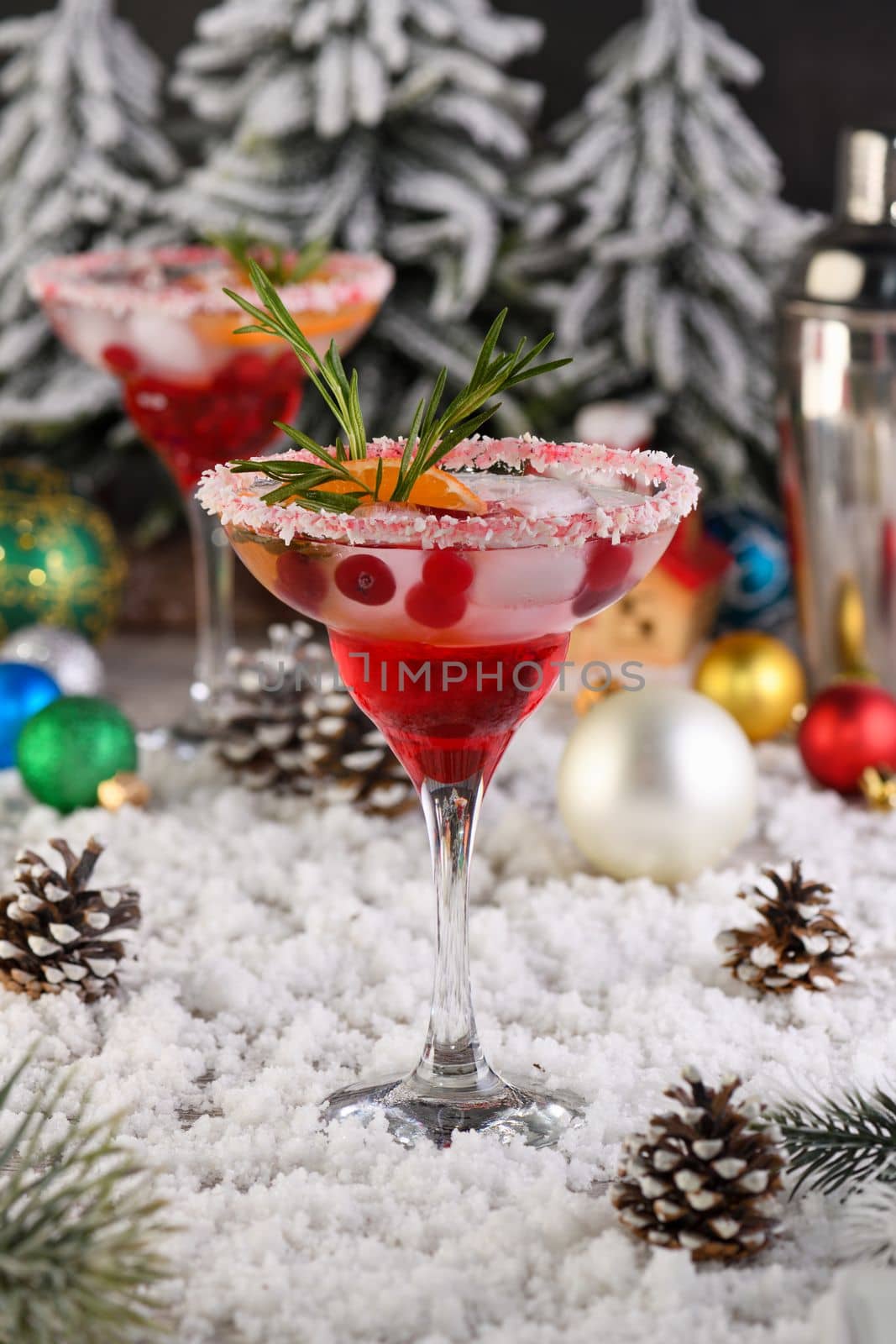 Christmas Cranberry margarita cocktail is mandarin and rosemary combined with cranberries and tequila. This cocktail is bursting with vibrant citrus and herb aromas, showcasing the best winter season fruits.Festive Christmas or New Year drink