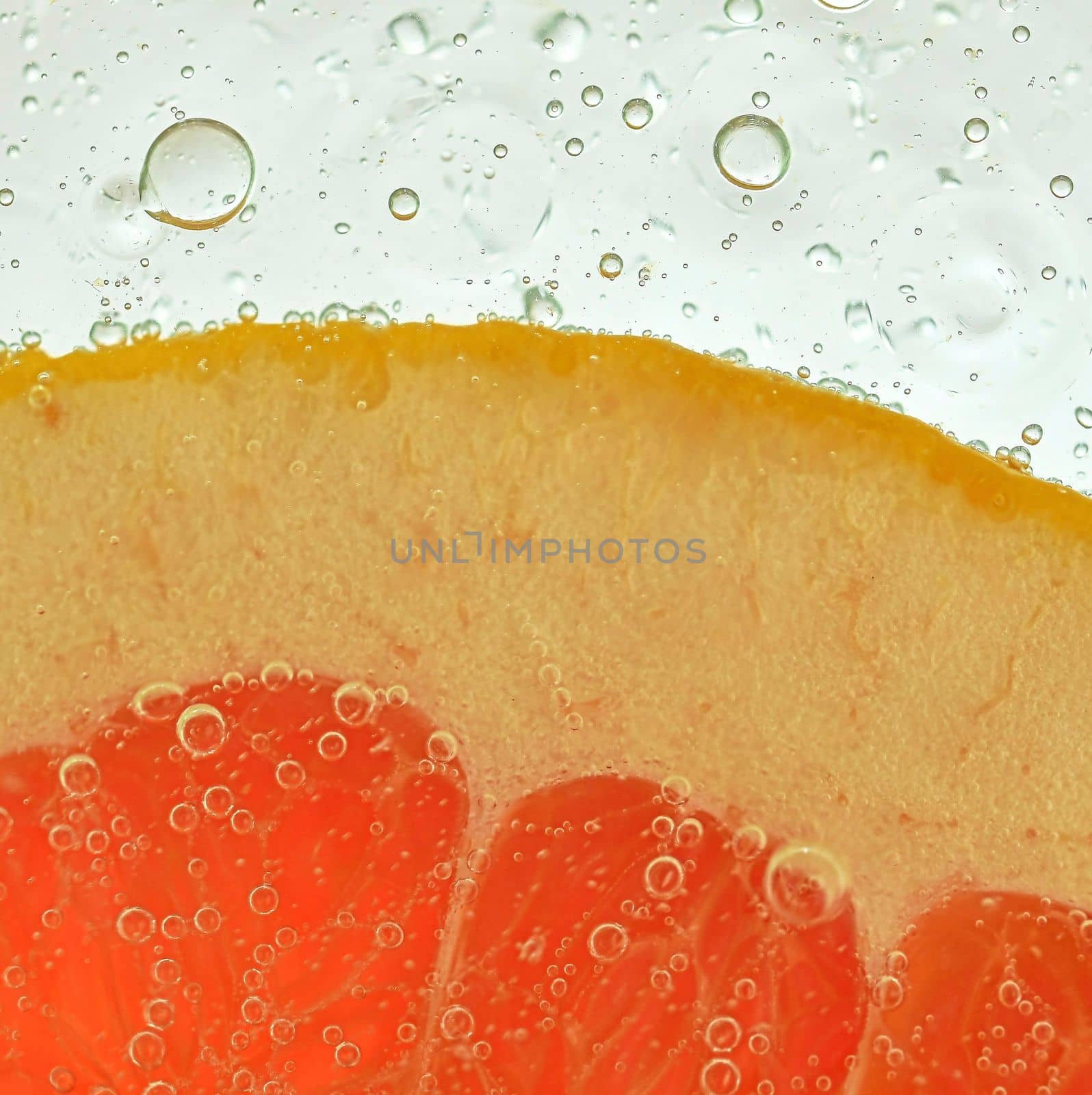 Close-up of fresh grapefruit slice on white background. Slice of red grapefruit in sparkling water on white background, close-up. Horizontal image.