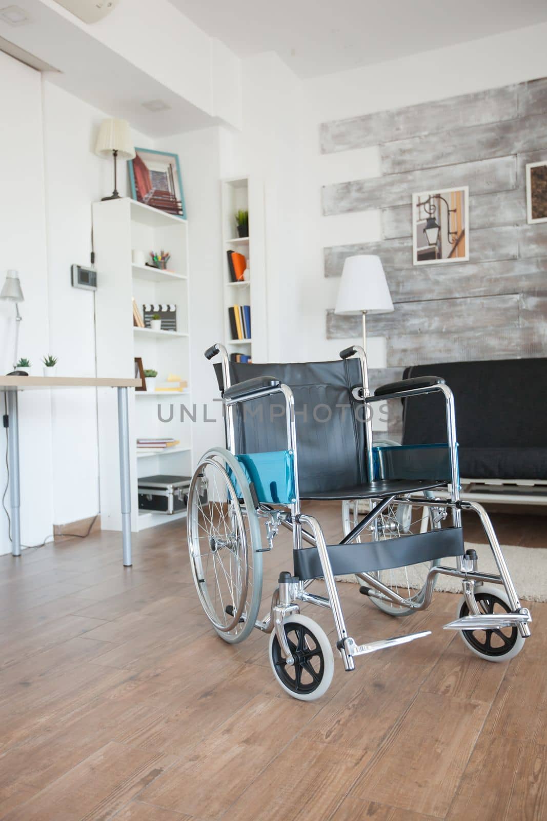 Wheelchair in healthcare room for patients with walking illness. No patient in the room in the private nursing home. Therapy mobility support elderly and disabled walking disability impairment recovery paralysis invalid rehabilitation