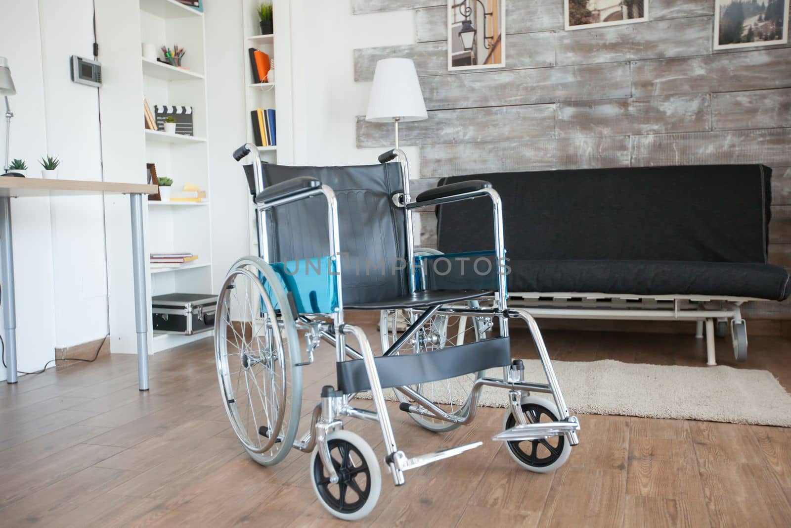 Wheelchair for transportation of patient with walking disability in nursing home. No patient in the room in the private nursing home. Therapy mobility support elderly and disabled walking disability impairment recovery paralysis invalid rehabilitation