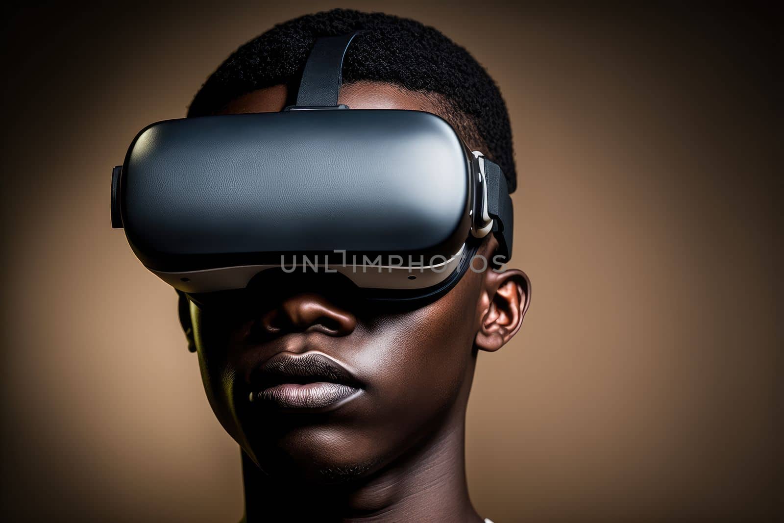 African man wearing virtual reality goggles standing studio clean background . Concept of virtual reality technology , gaming simulation and metaverse. Peculiar AI generative image.