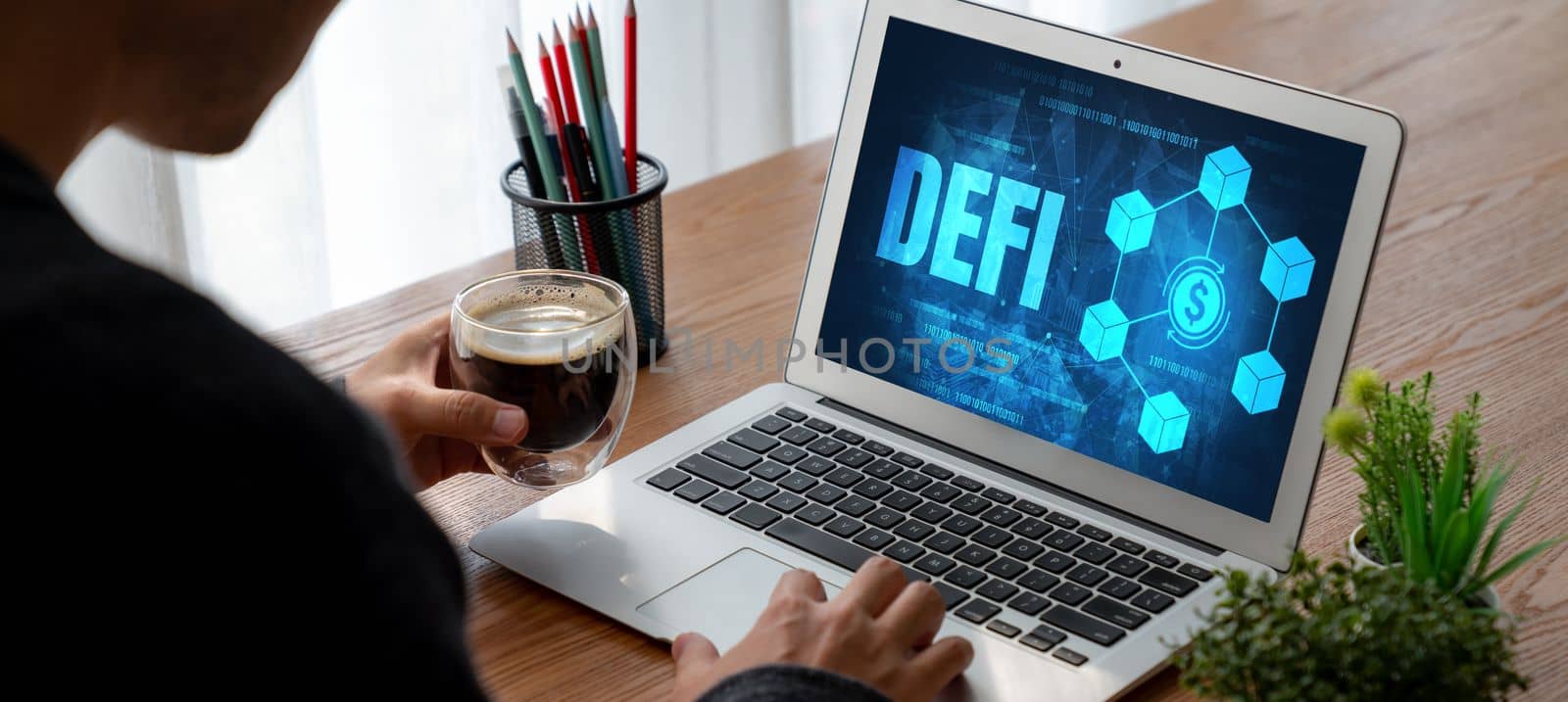 Decentralized finance or DeFi concept on modish computer screen . The defi system give new choice of investment and money saving .