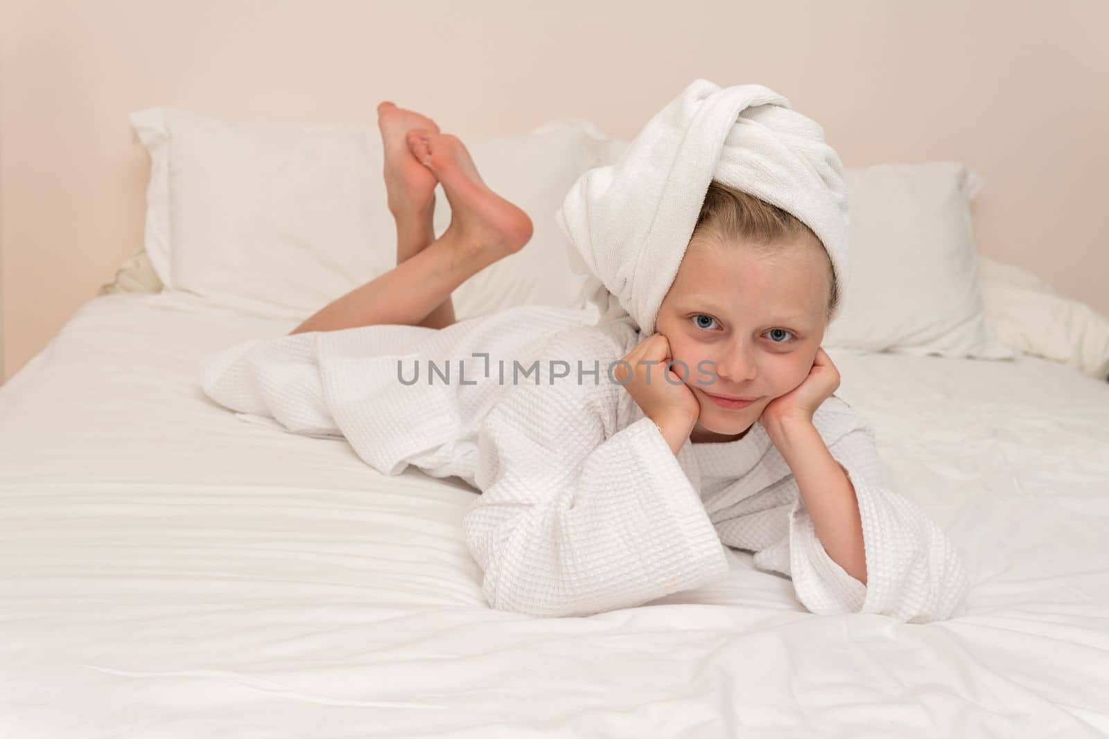 Smiling thinks elbows coffee Creek smile copyspace bathrobe white hygiene, from people lifestyle in young for beauty caucasian, little baby. Bathing kid female,