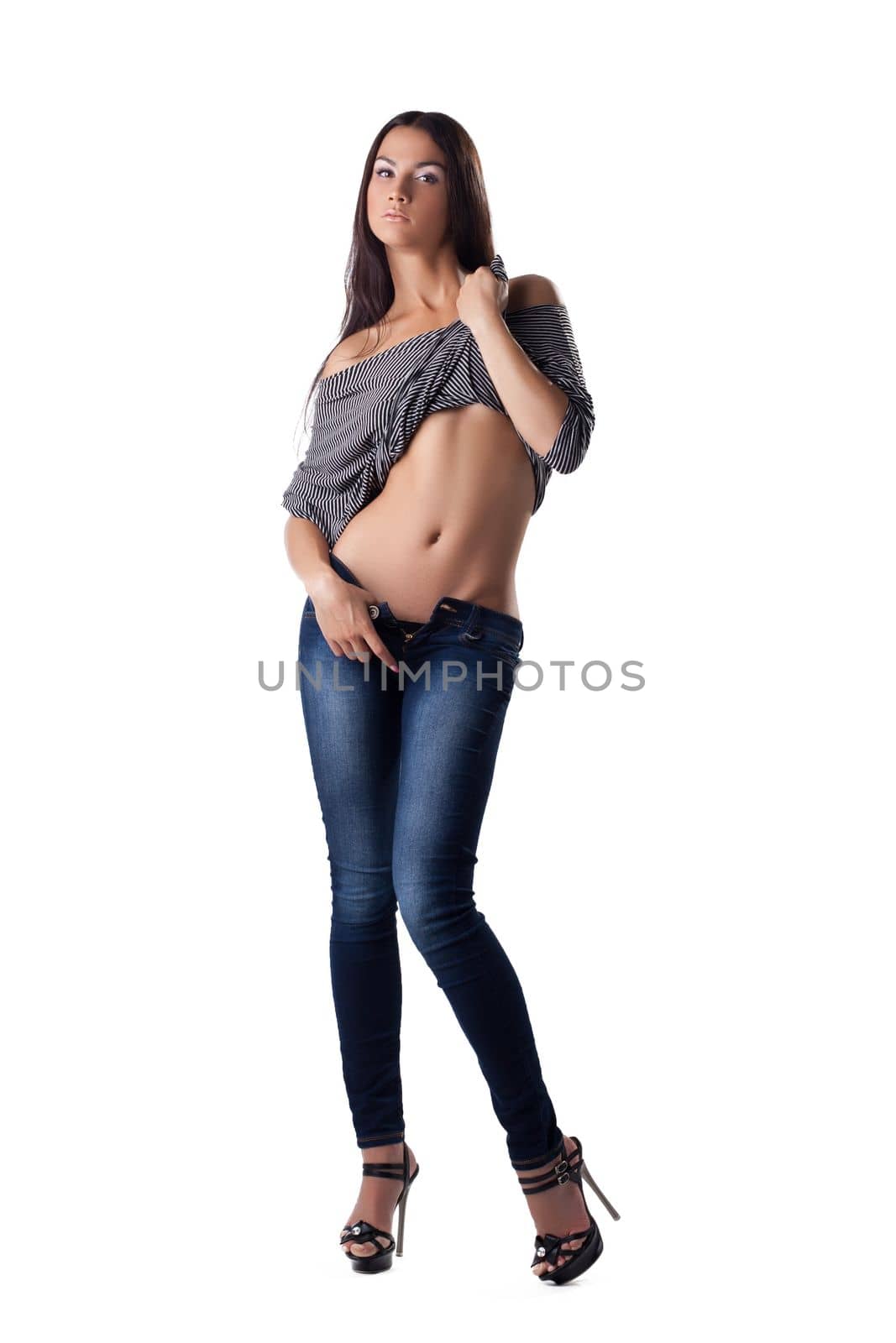 Sexy woman undress jeans and tank top isolated