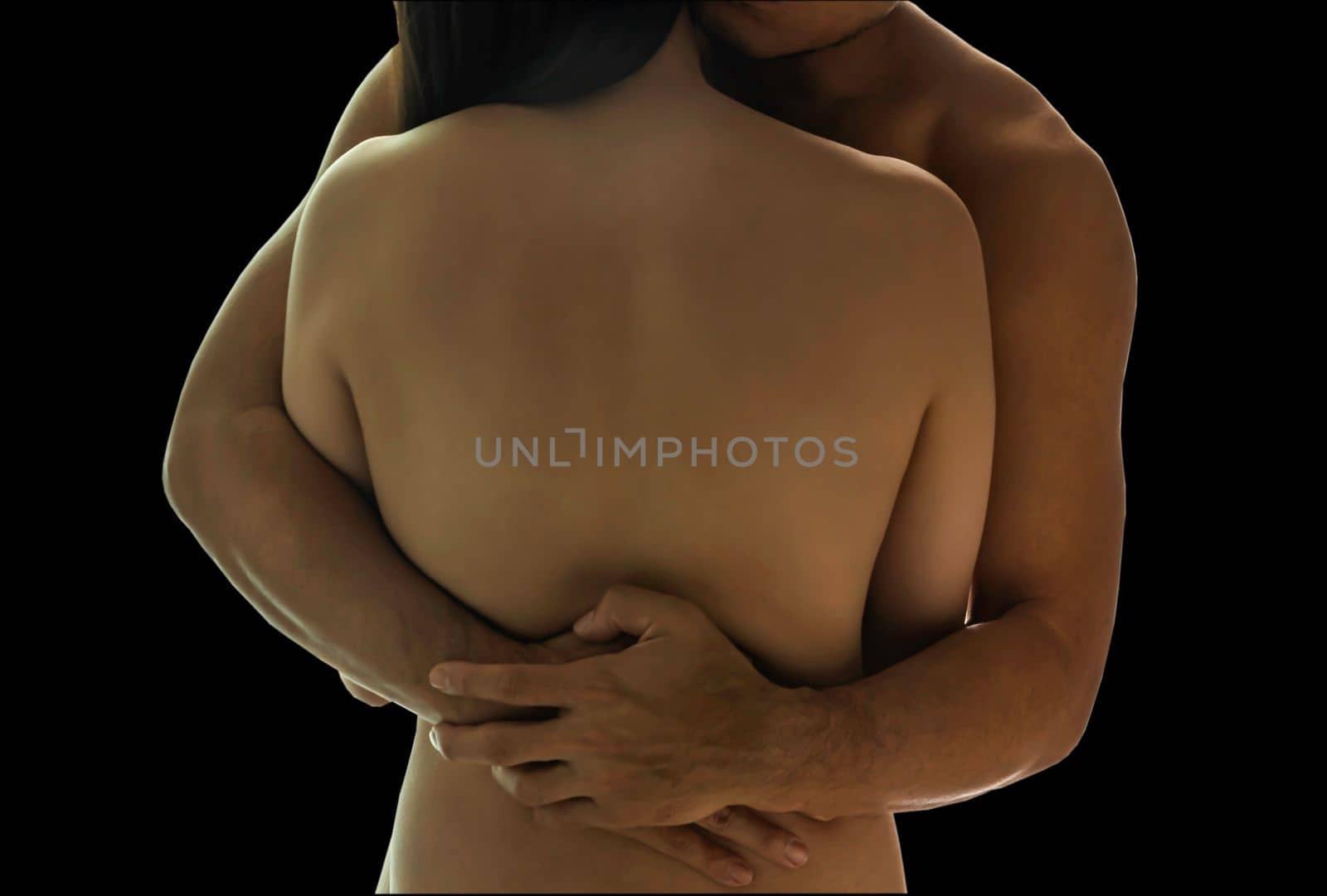 Conceptual of Young naked couple are embrace to each other together isolated on black background with clipping path for easy in your design concept of Hug, Care, Support and Love. Focus and blur.