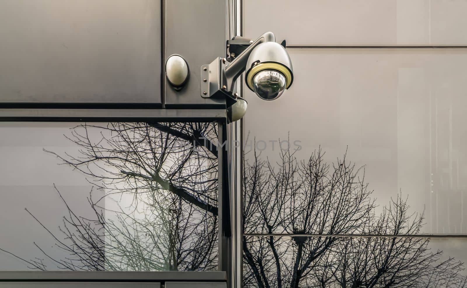 Surveillance camera for mounted on outside wall of Modern building. The concept of surveillance and visual inspection that has been developed, Selective focus.