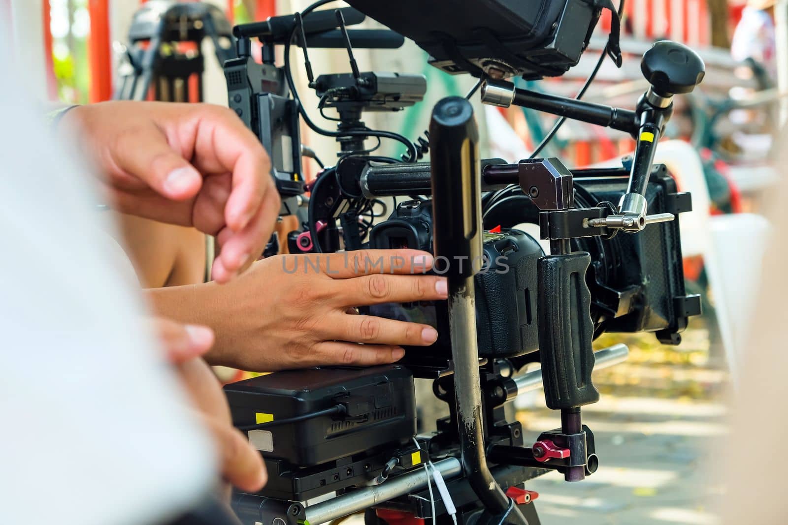 detail of Video camera , film crew production, behind the scenes background