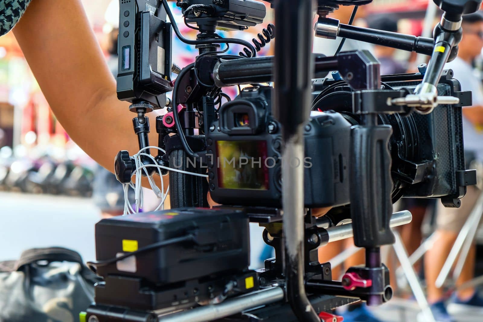 detail of Video camera , film crew production, behind the scenes background