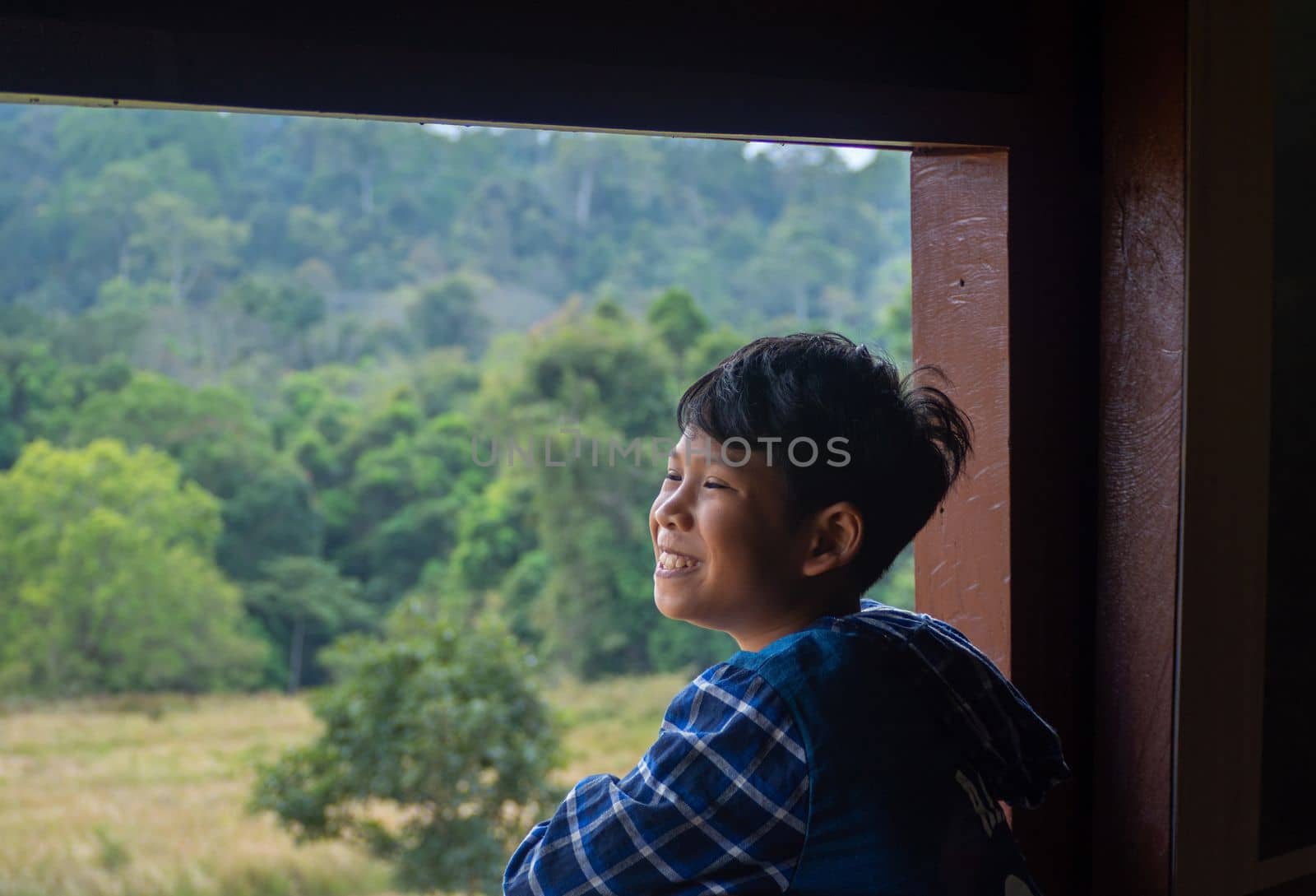 boy looking out window looking at the green forest