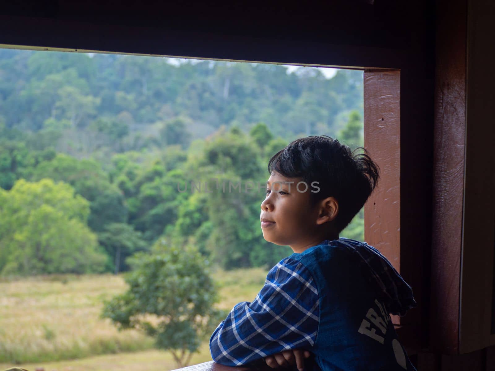 boy looking out window looking at the green forest